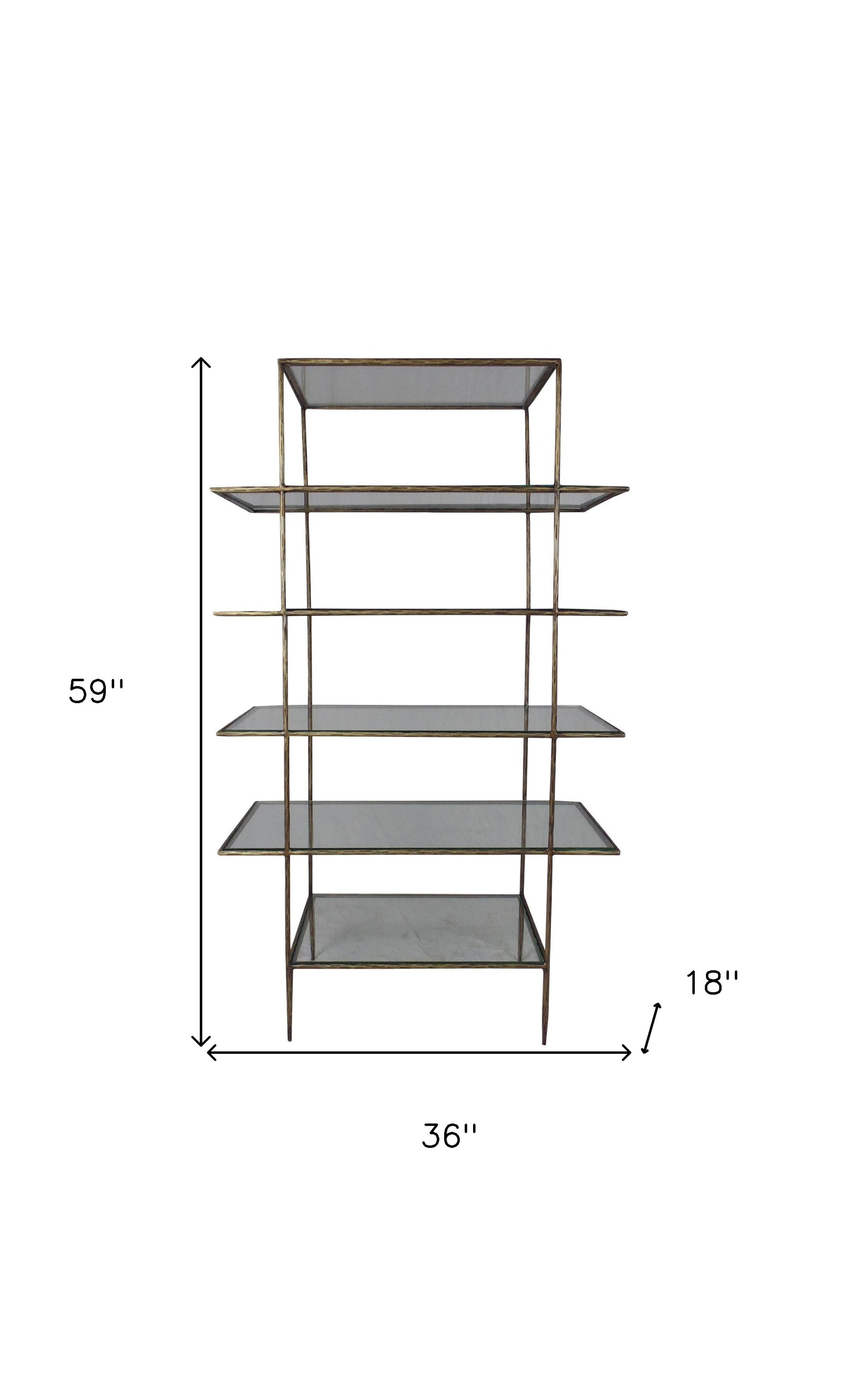 59" Clear And Gold Iron Five Tier Etagere Bookcase