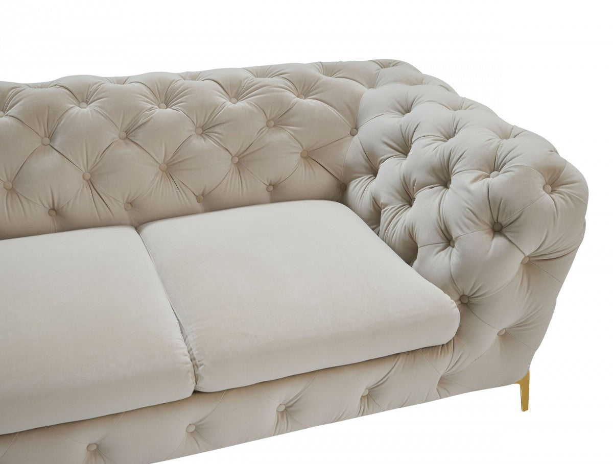 74" Beige Tufted Velvet And Gold Chesterfield Love Seat