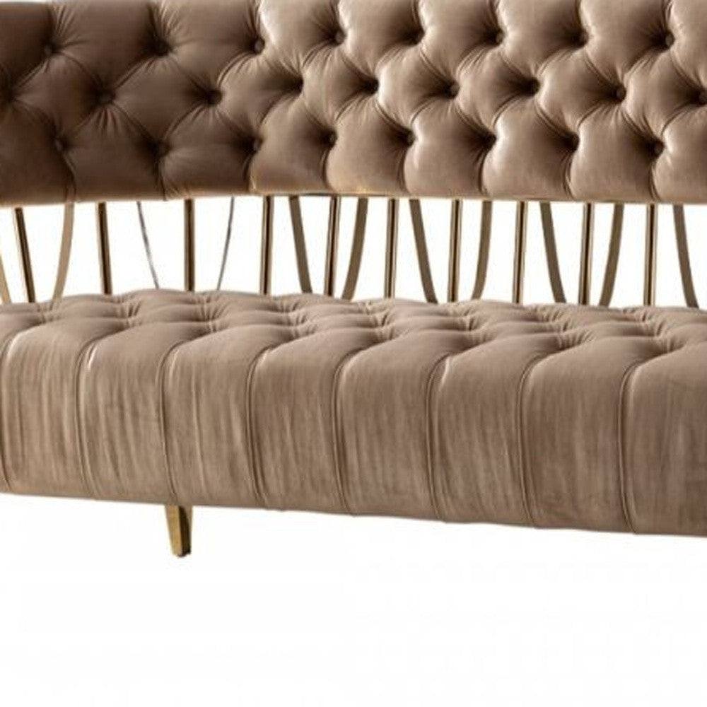 62" Dark Beige Velvet And Gold Exposed Back Love Seat