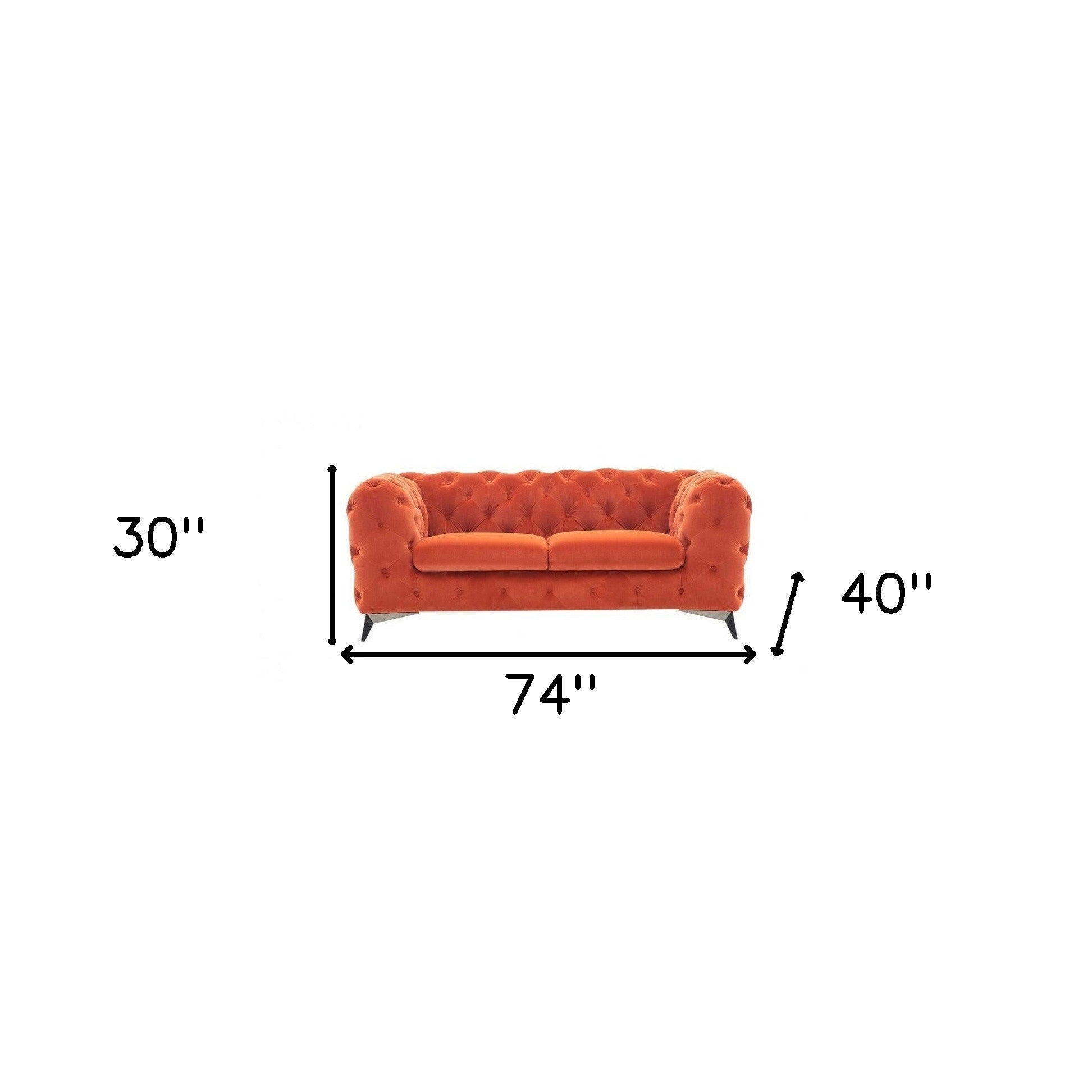 74" Orange Tufted Velvet And Black Chesterfield Love Seat