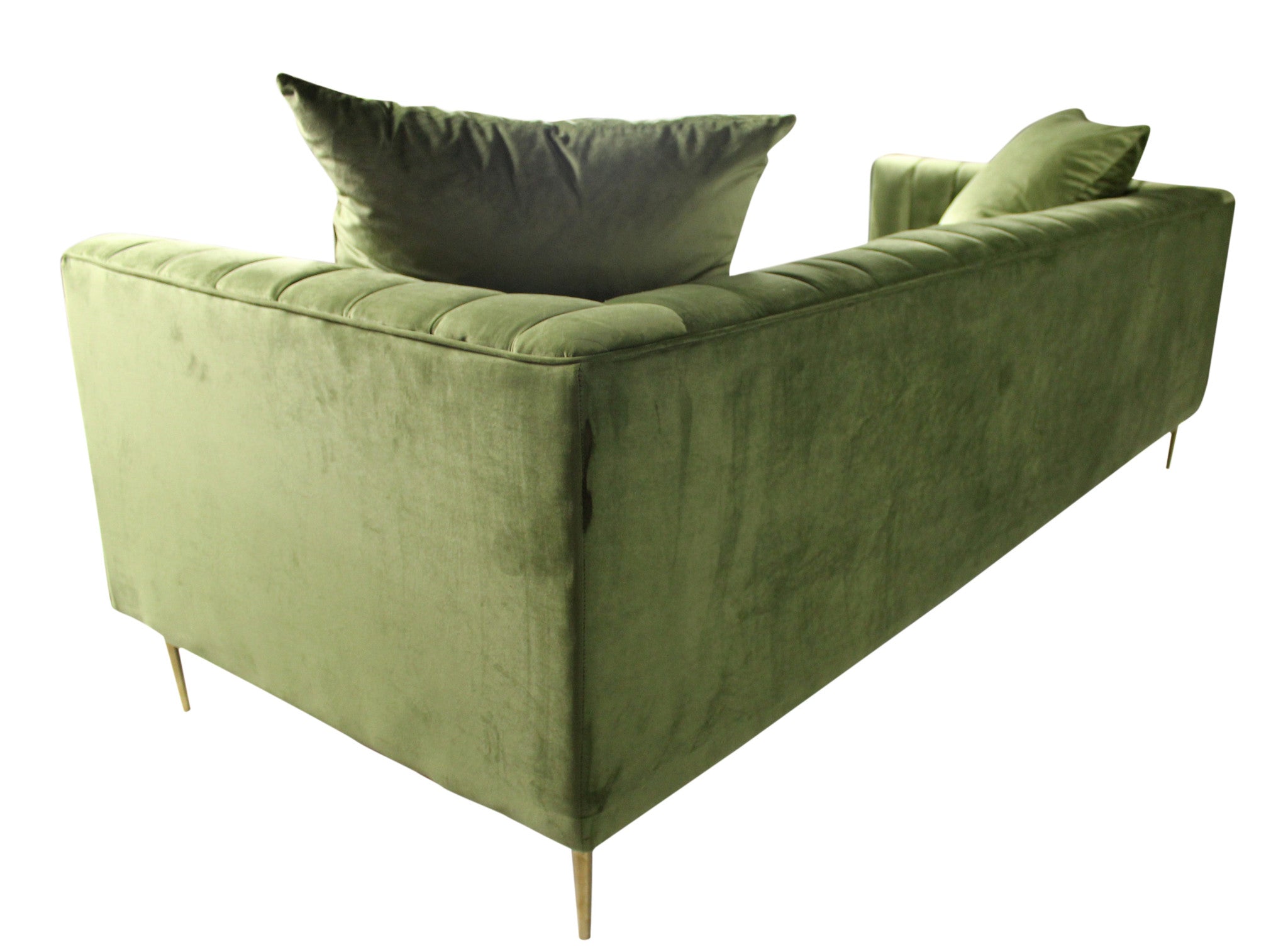 90" Moss Green Velvet And Gold Sofa With Two Toss Pillows