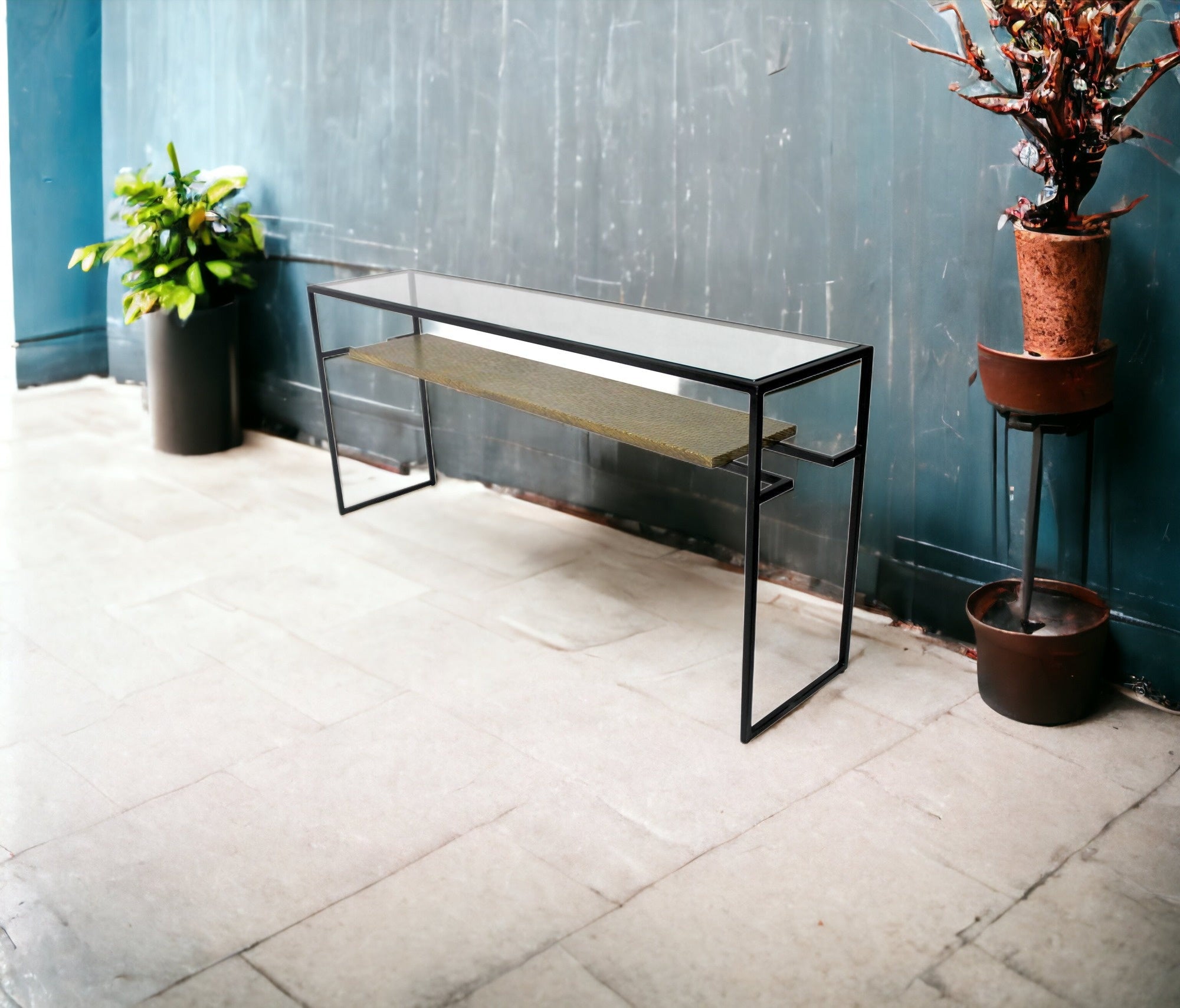 72" Clear and Black Glass Sled Console Table With Storage