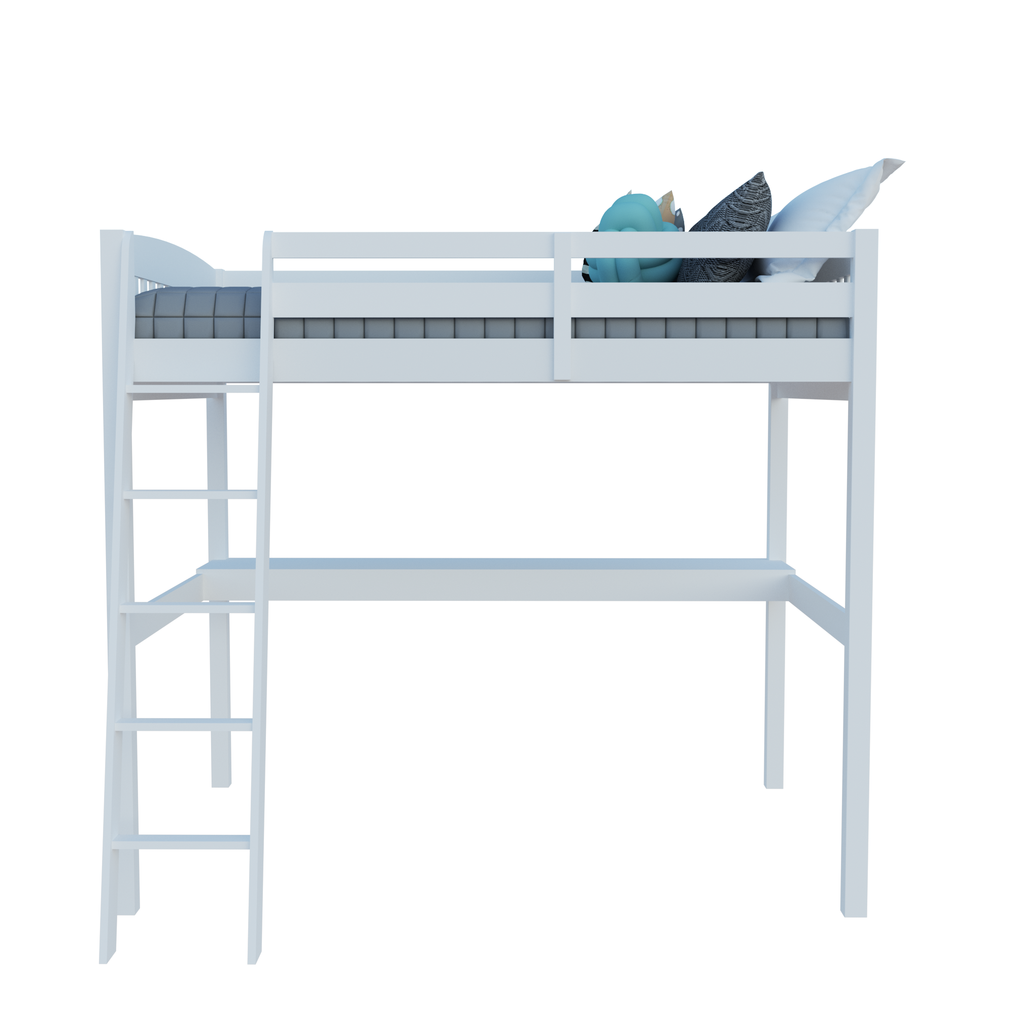 White Solid Wood Full Double Size Loft Bed with Desk and Storage