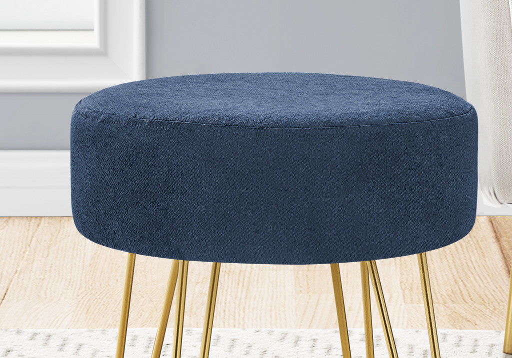 14" Blue Velvet And Gold Round Ottoman