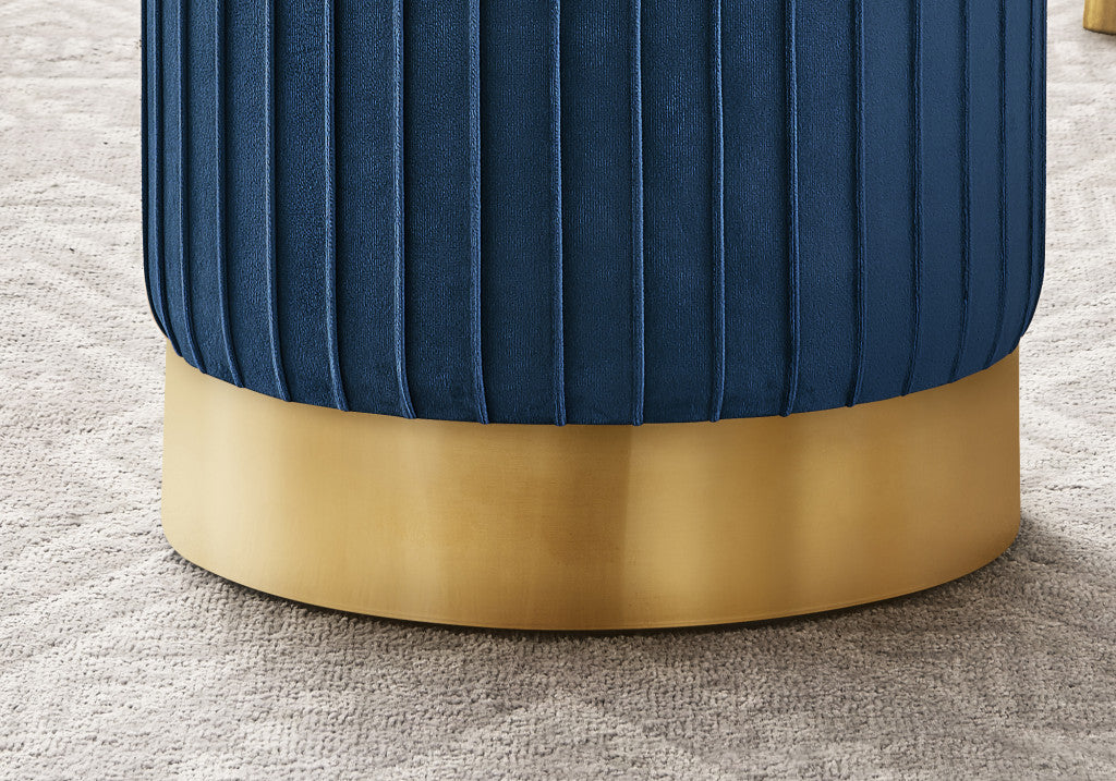 14" Blue Velvet And Gold Round Ottoman