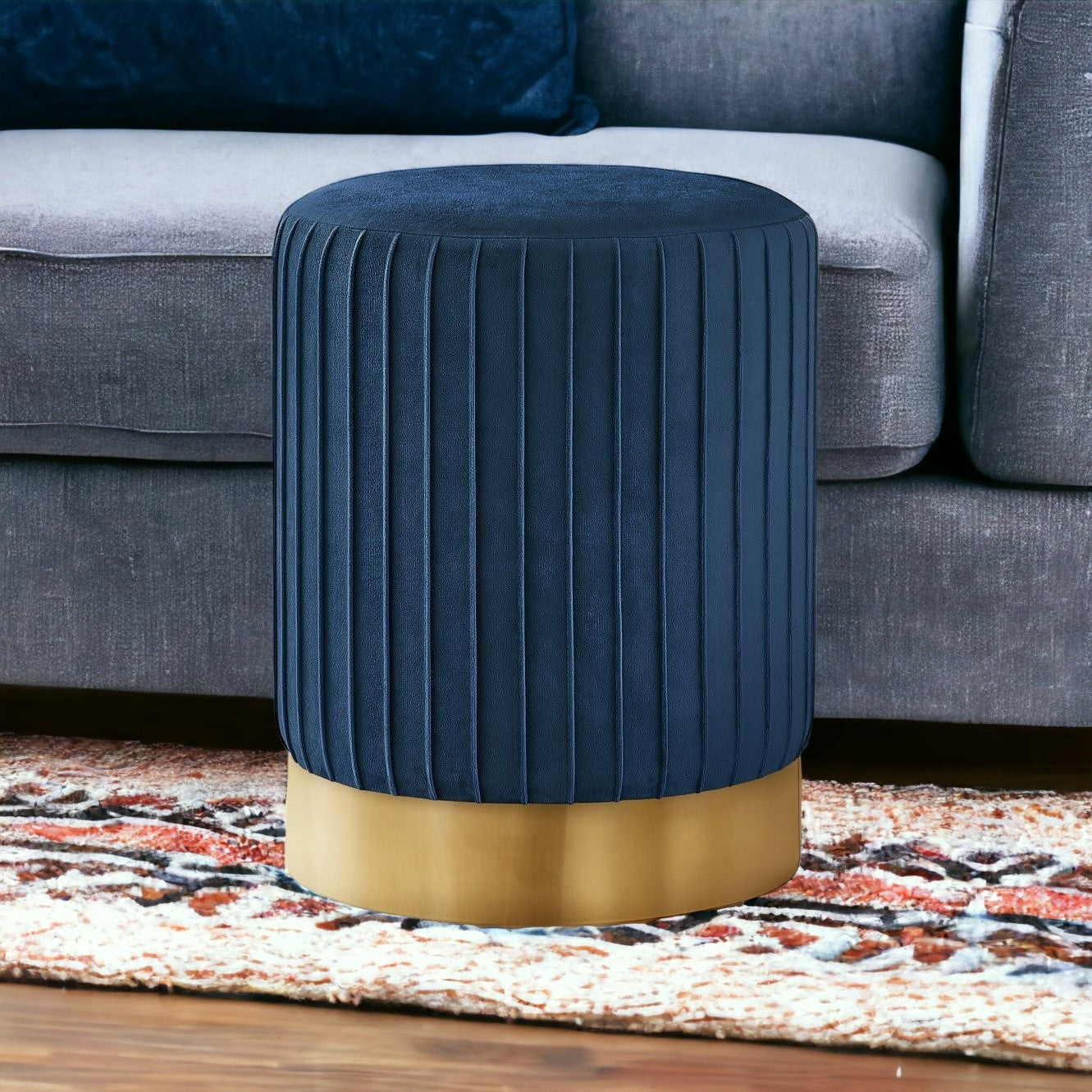 14" Blue Velvet And Gold Round Ottoman