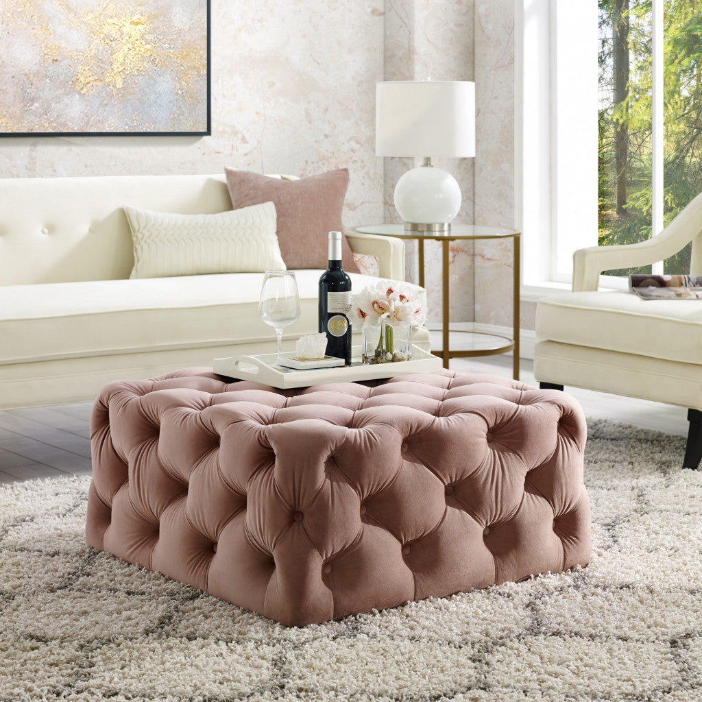 33" Blush Velvet And Black Rolling Tufted Cocktail Ottoman