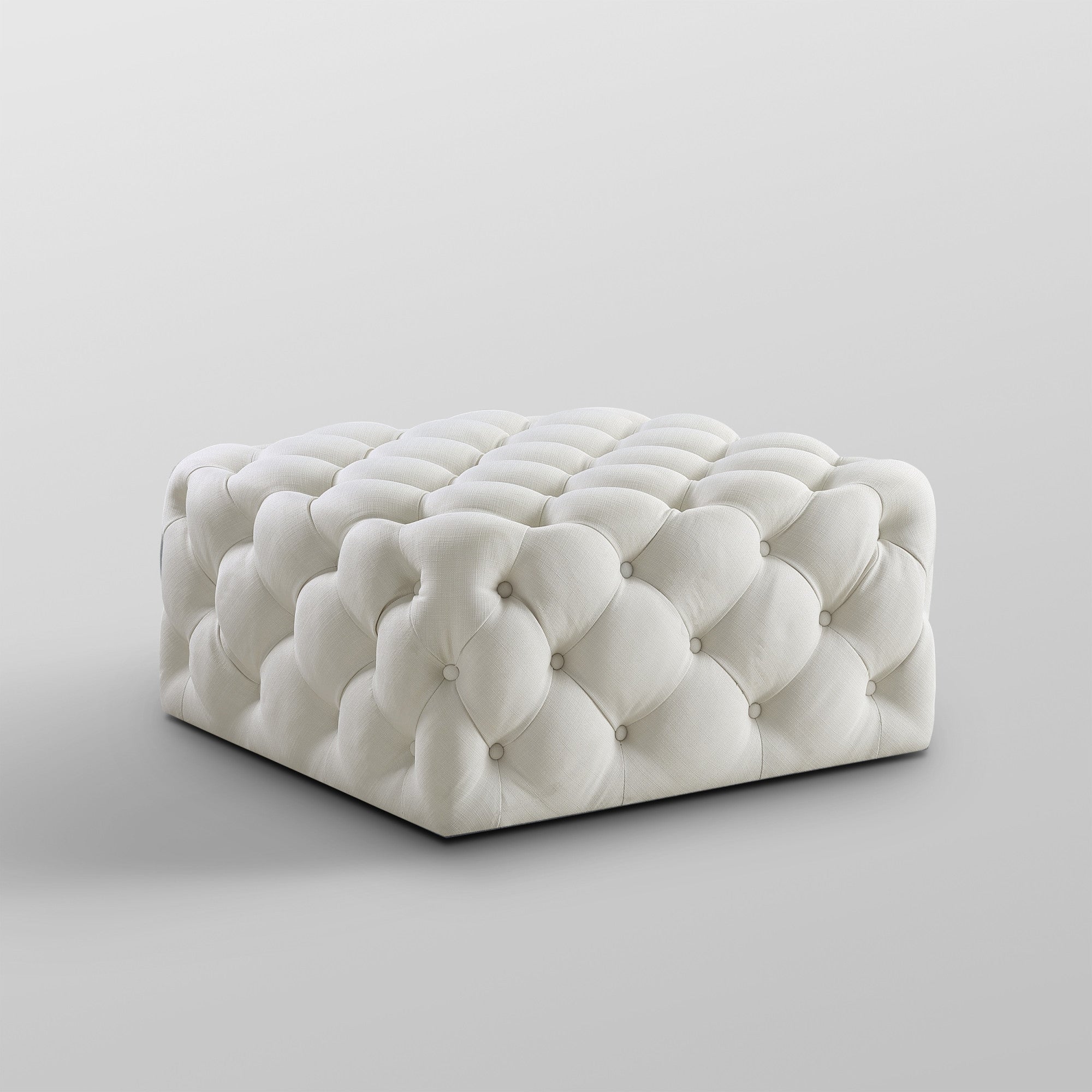 33" White Linen And Black Rolling Tufted Cocktail Ottoman