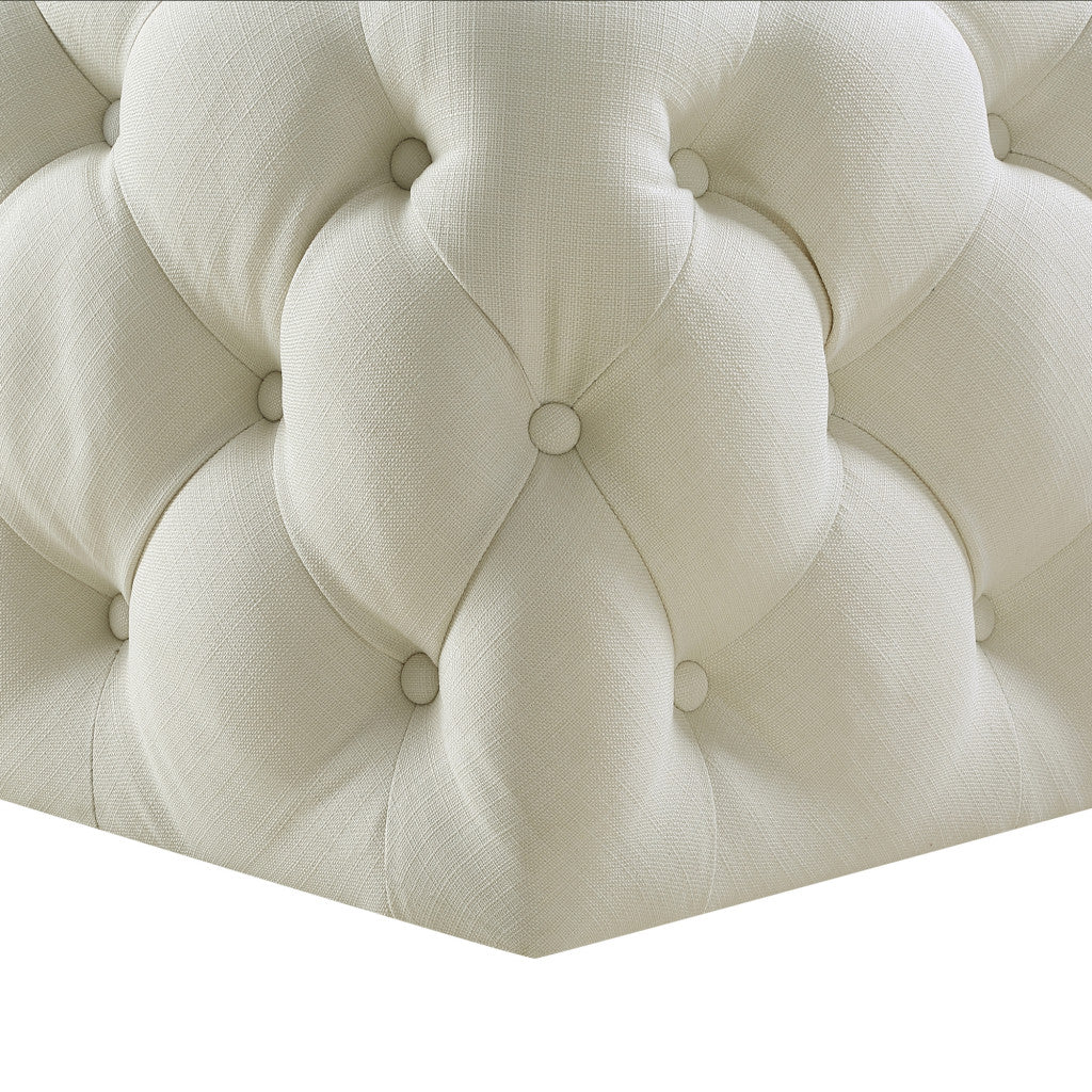 33" White Linen And Black Rolling Tufted Cocktail Ottoman