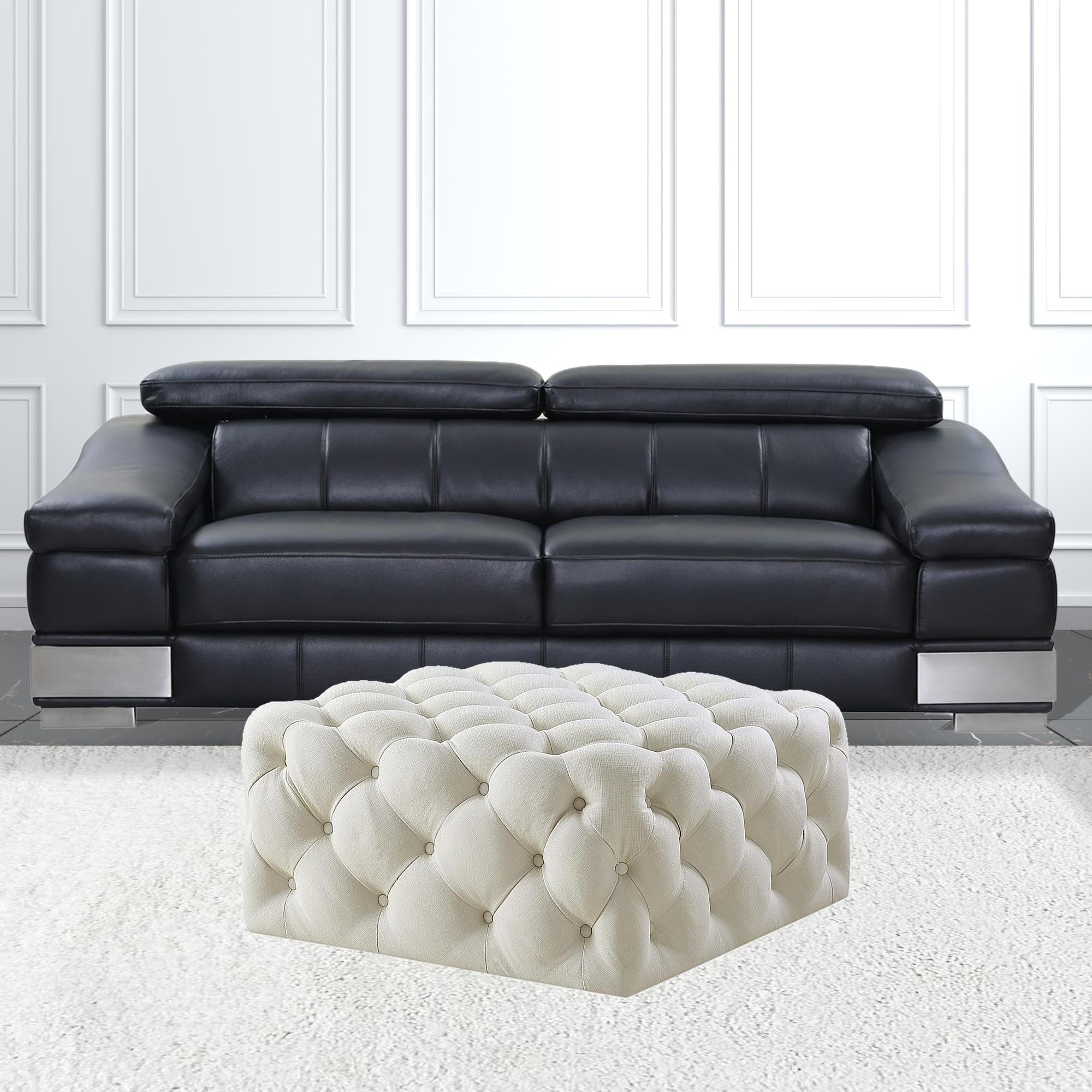 33" White Linen And Black Rolling Tufted Cocktail Ottoman