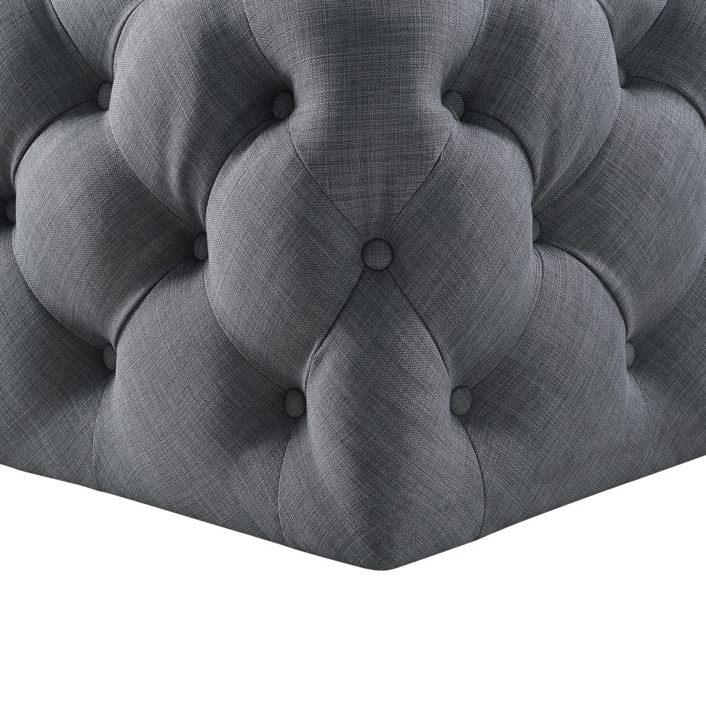 33" Light Gray Linen And Black Rolling Tufted Cocktail Ottoman