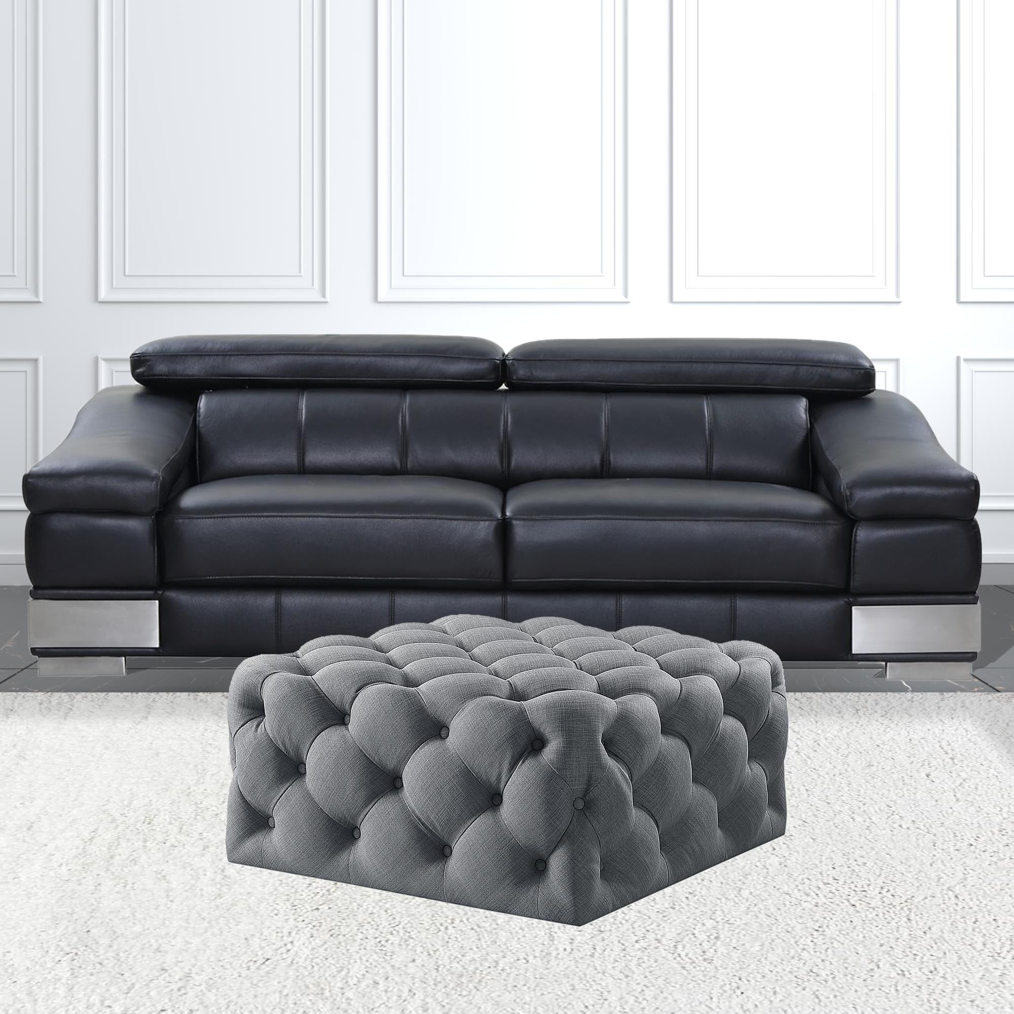 33" Light Gray Linen And Black Rolling Tufted Cocktail Ottoman