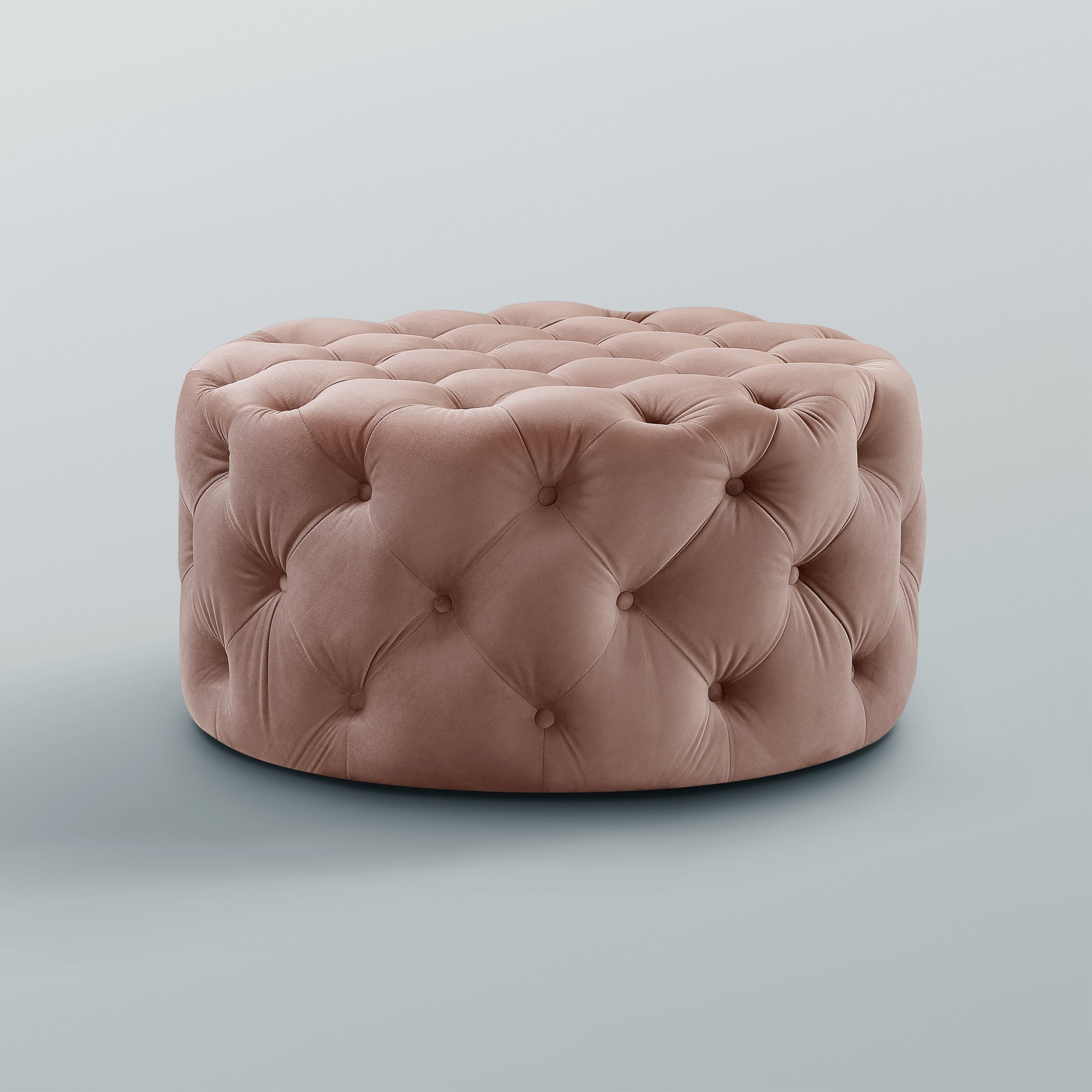 33" Blush Velvet And Black Rolling Tufted Round Cocktail Ottoman