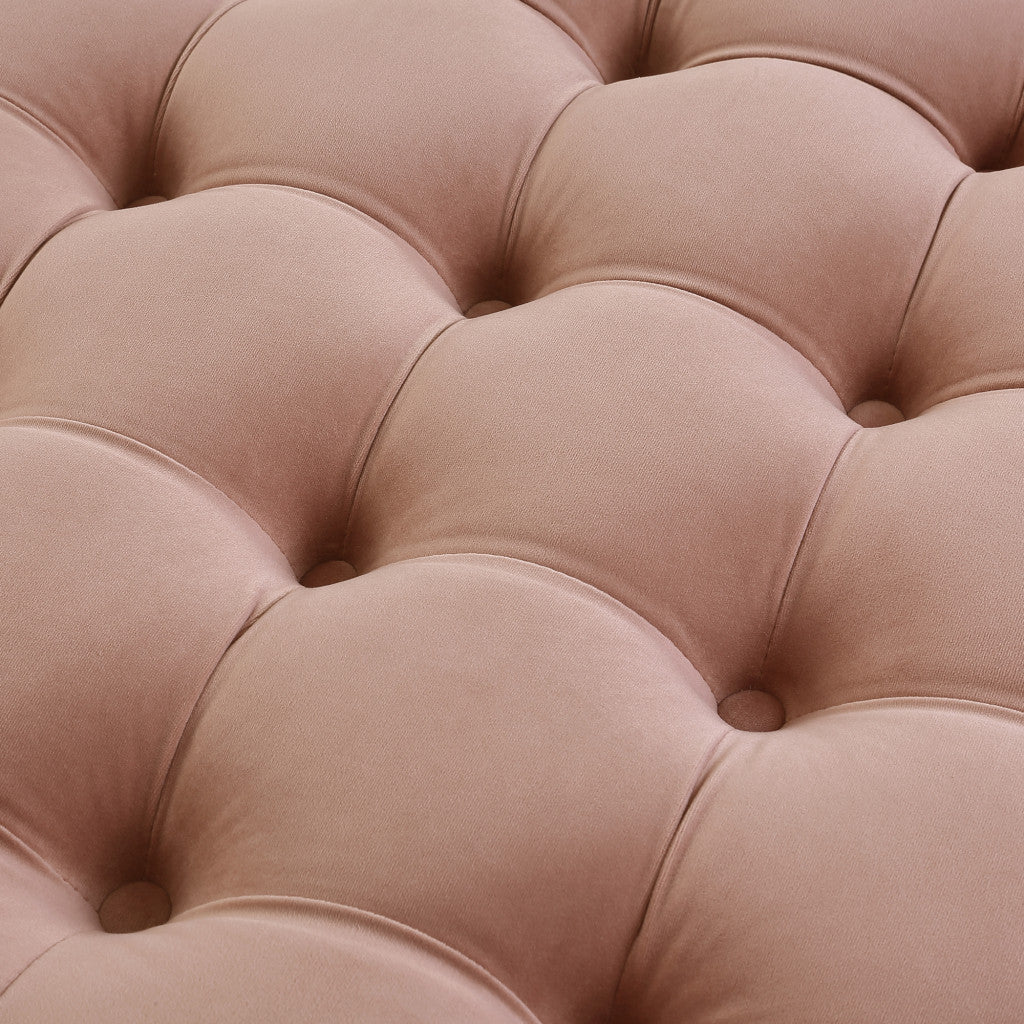 33" Blush Velvet And Black Rolling Tufted Round Cocktail Ottoman