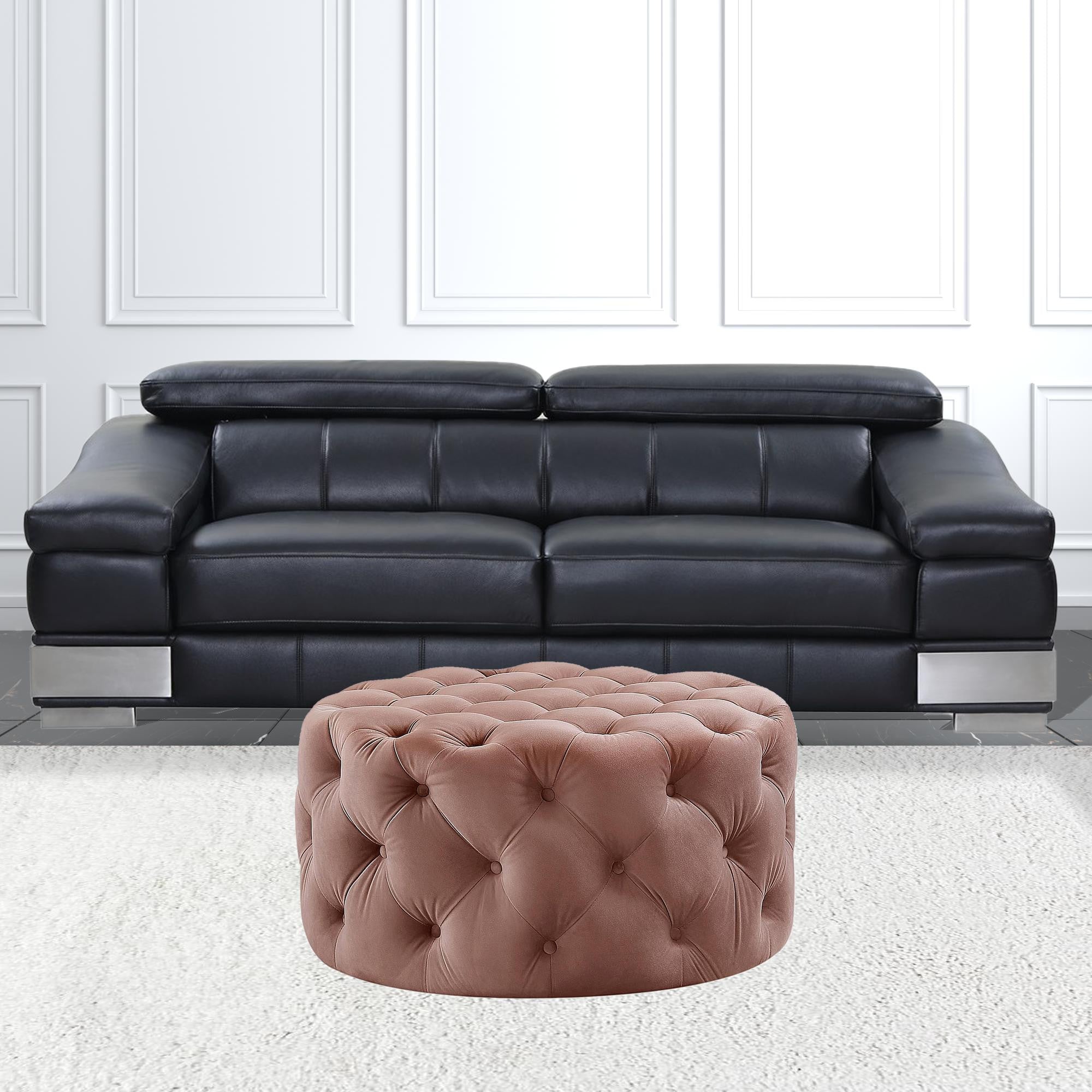 33" Blush Velvet And Black Rolling Tufted Round Cocktail Ottoman