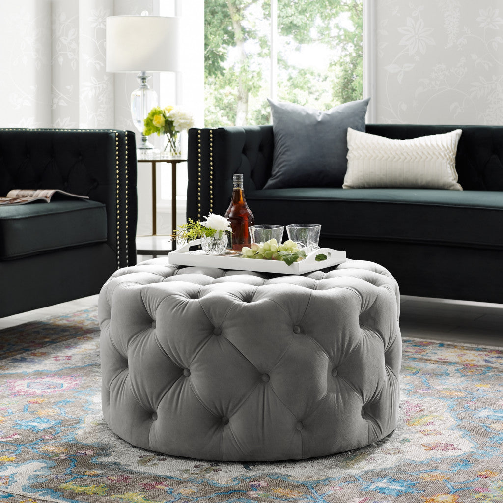 33" Gray Velvet And Black Rolling Tufted Round Cocktail Ottoman