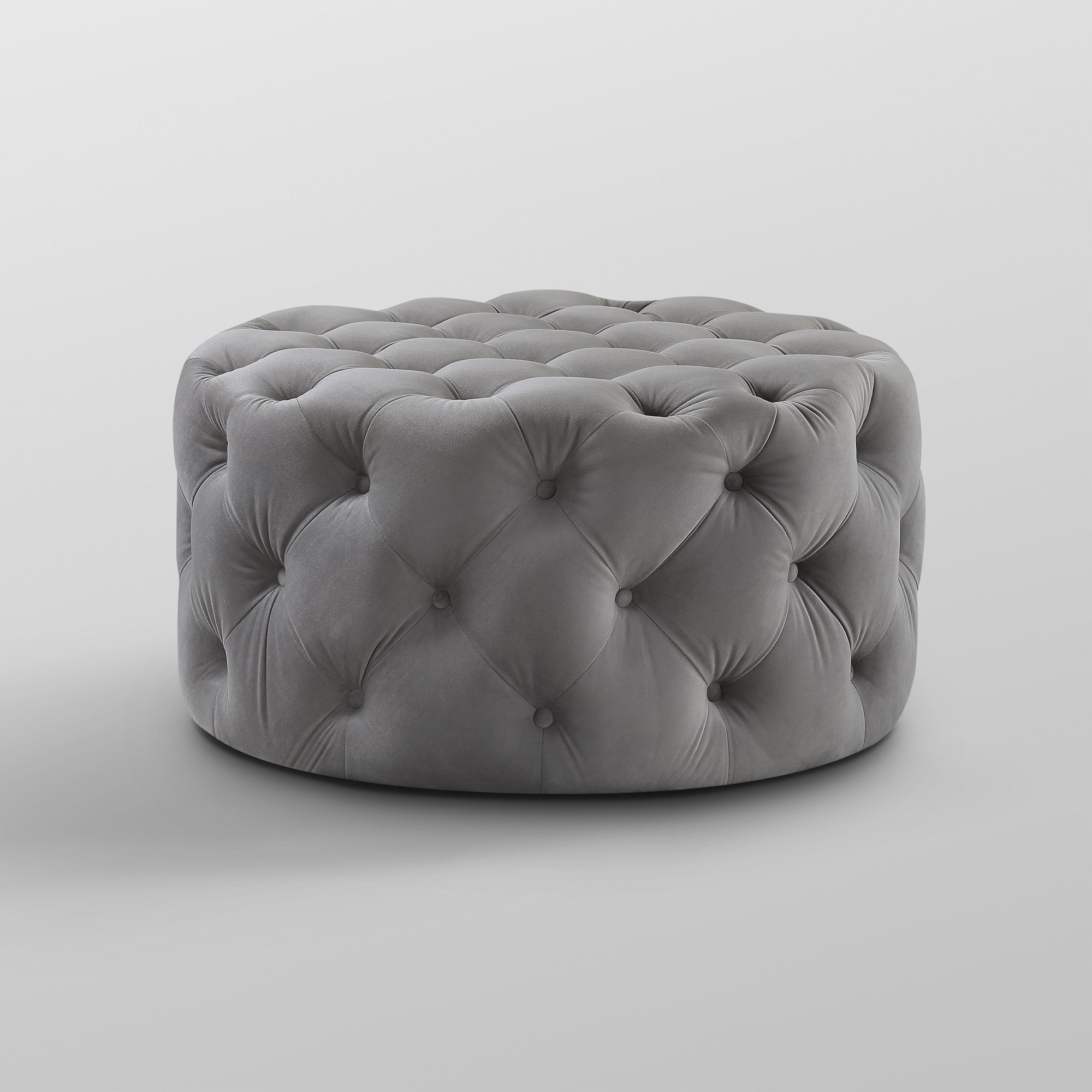 33" Gray Velvet And Black Rolling Tufted Round Cocktail Ottoman