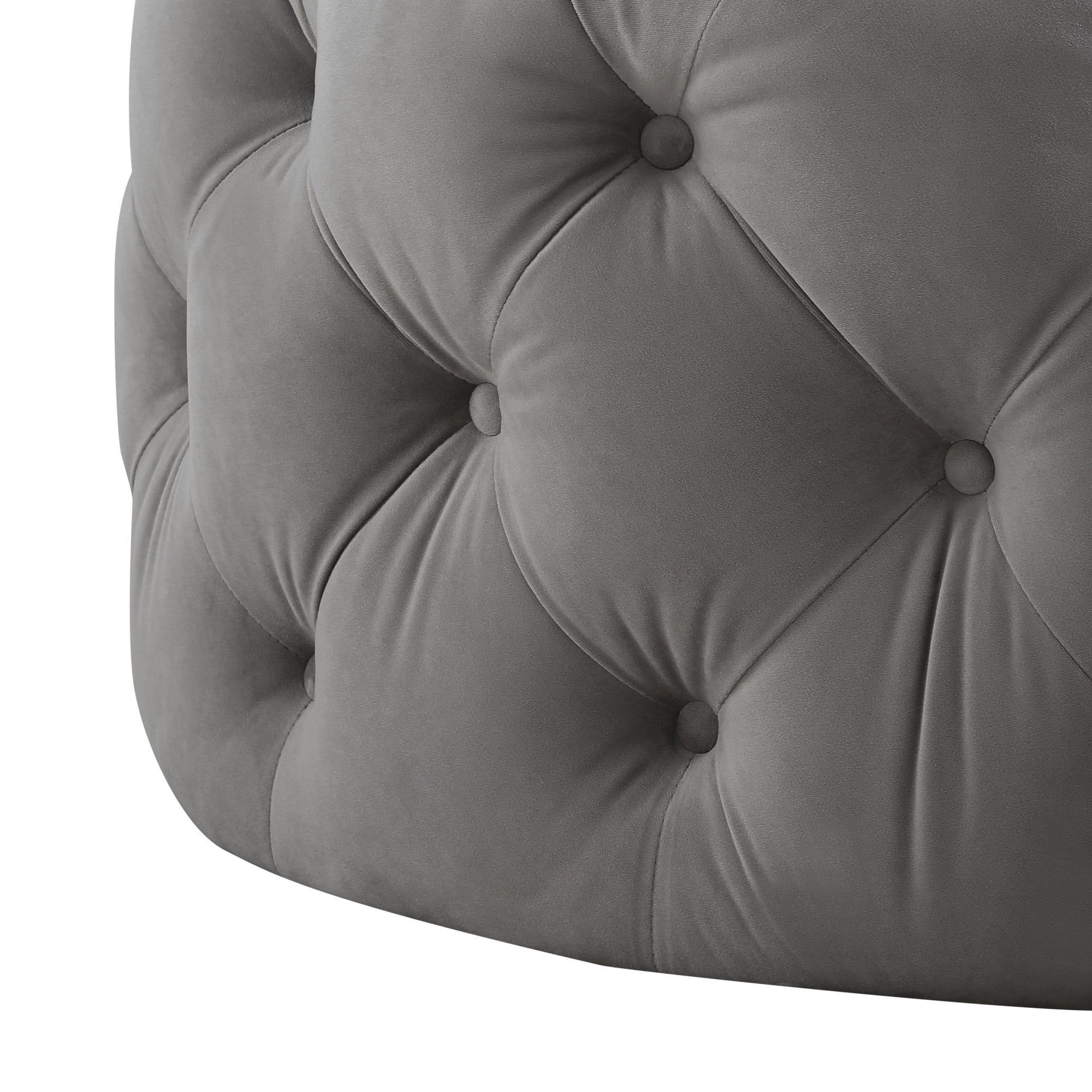 33" Gray Velvet And Black Rolling Tufted Round Cocktail Ottoman