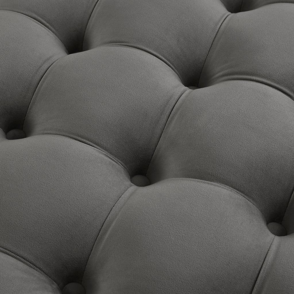 33" Gray Velvet And Black Rolling Tufted Round Cocktail Ottoman