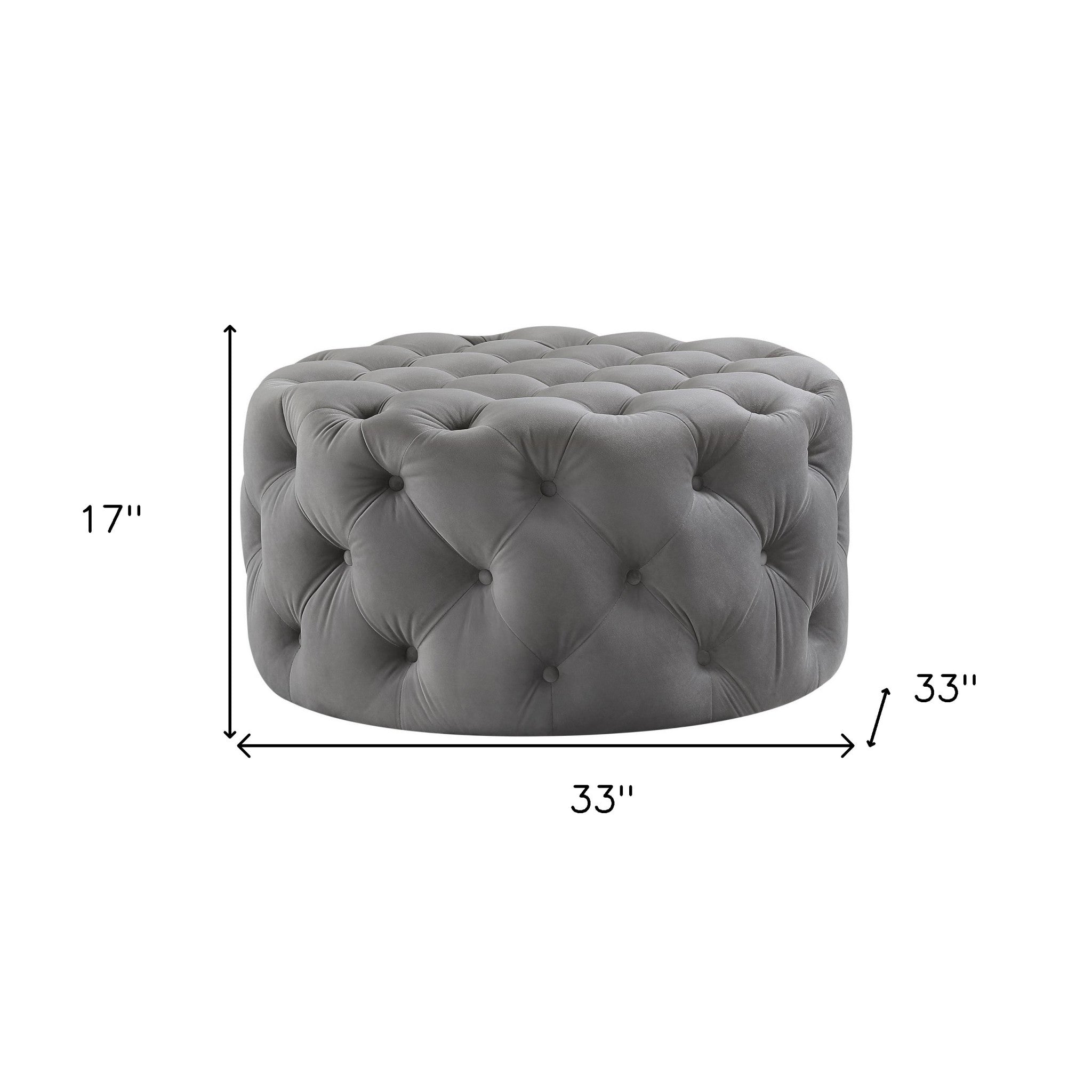 33" Gray Velvet And Black Rolling Tufted Round Cocktail Ottoman