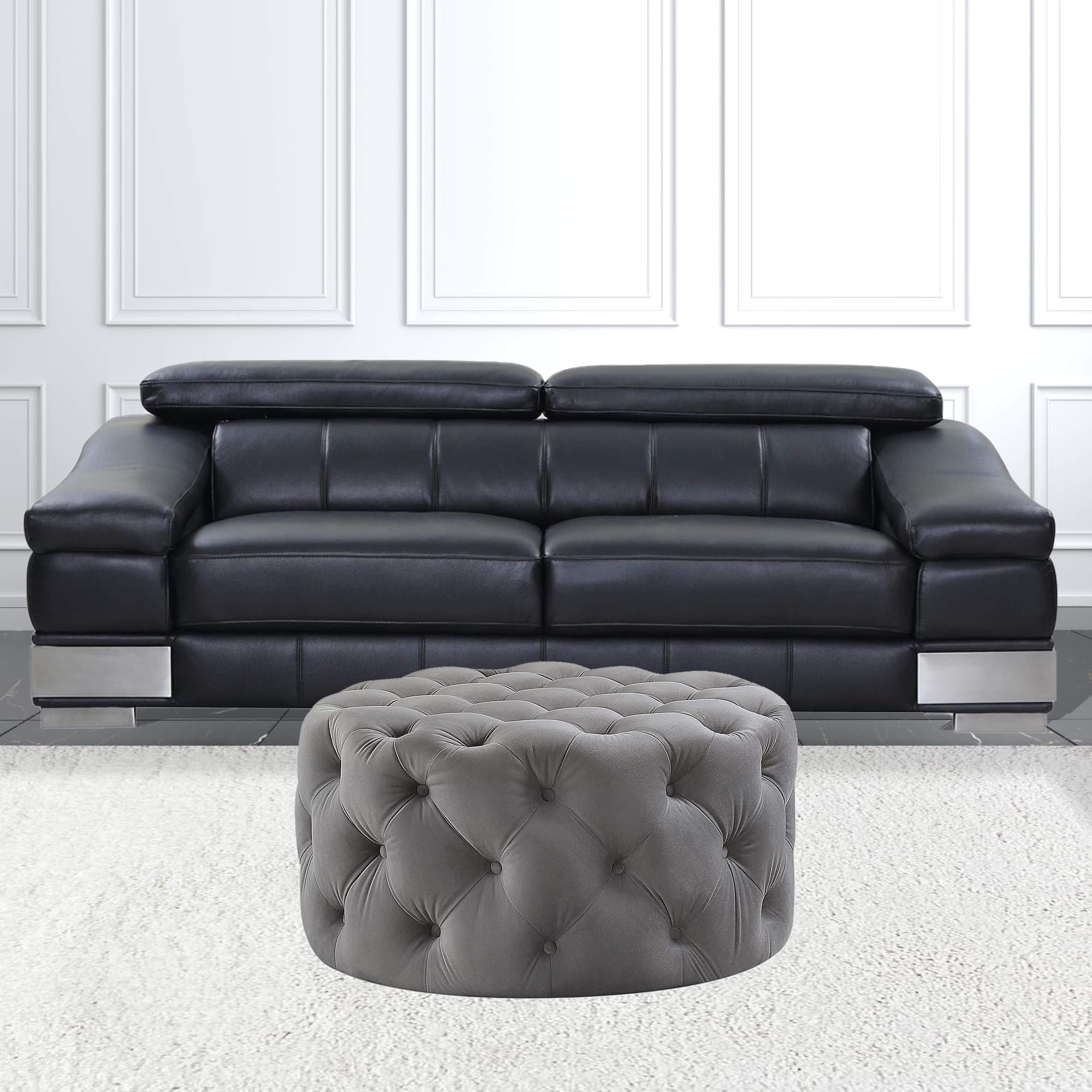 33" Gray Velvet And Black Rolling Tufted Round Cocktail Ottoman