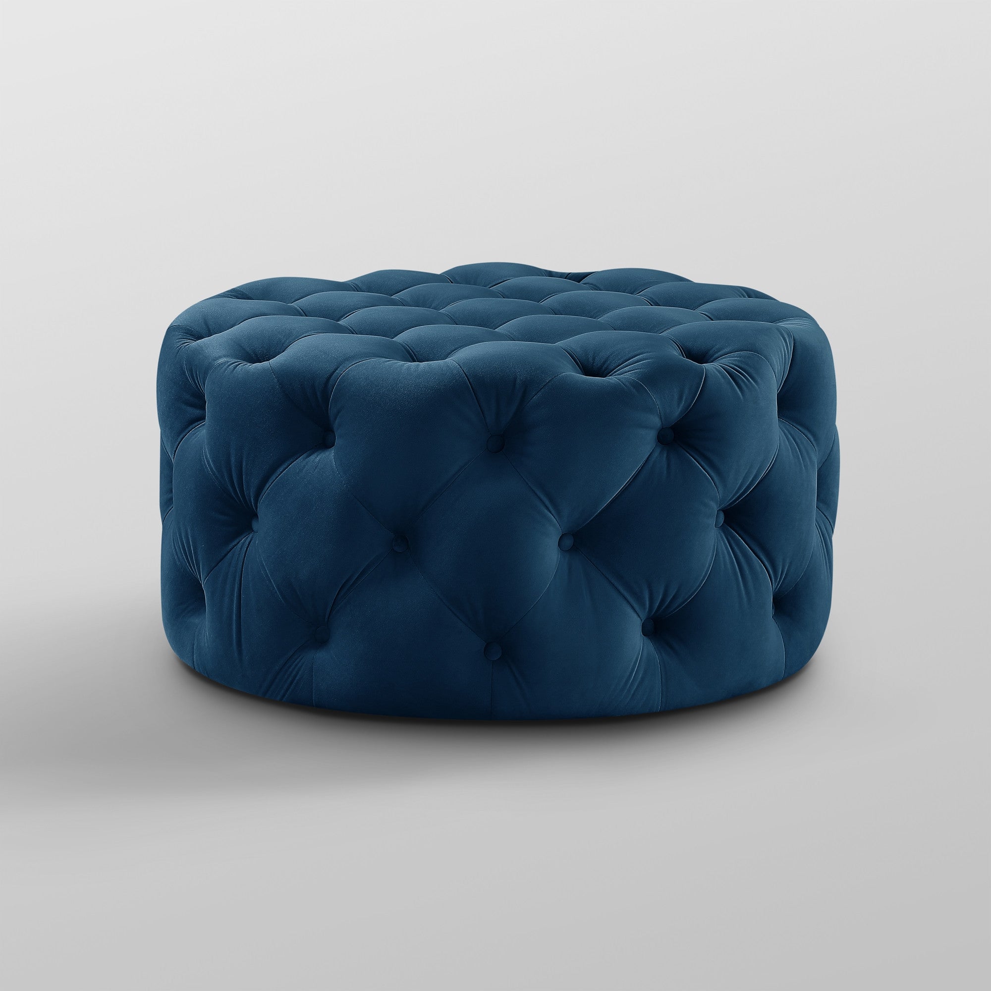 33" Navy Blue Velvet And Black Rolling Tufted Round Cocktail Ottoman