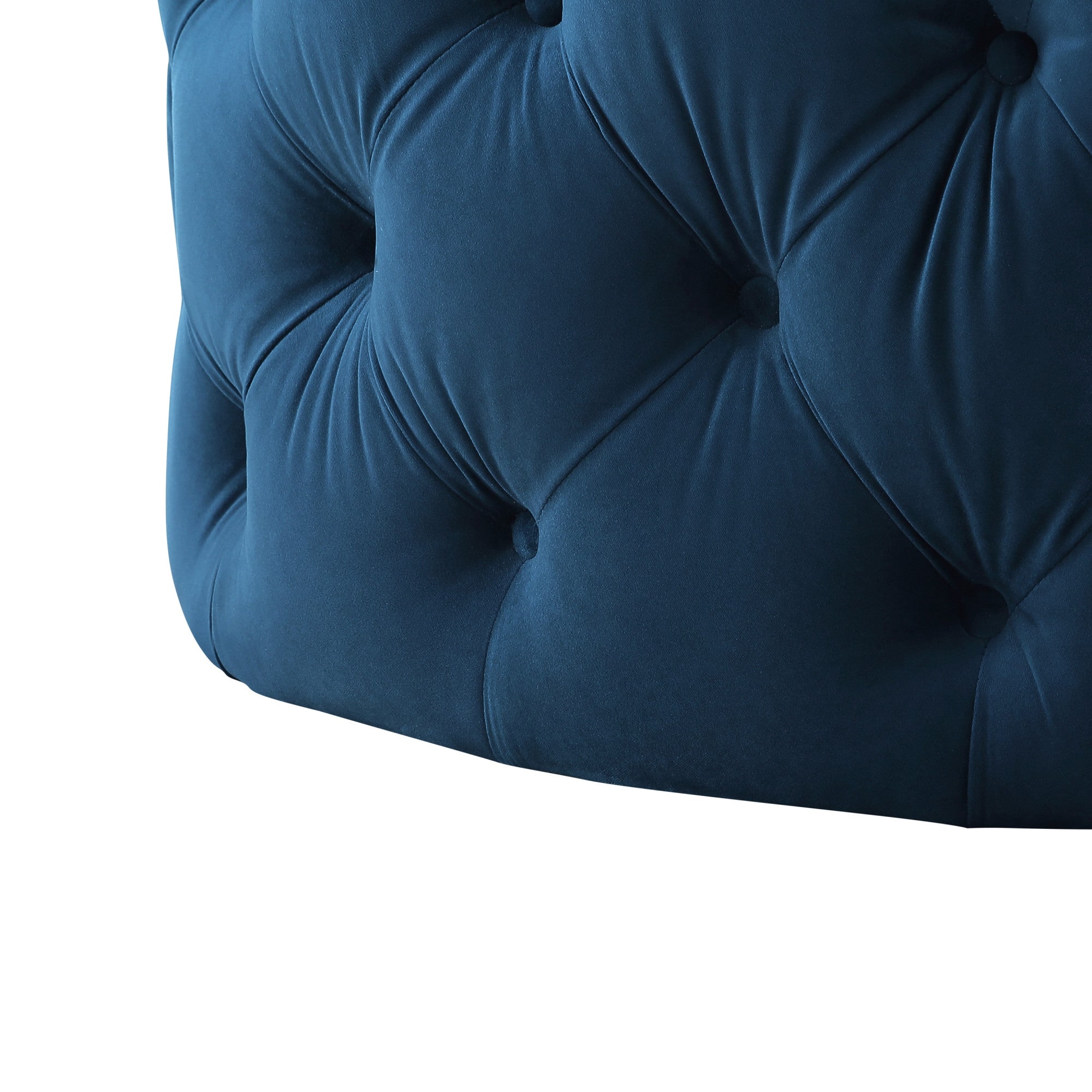 33" Navy Blue Velvet And Black Rolling Tufted Round Cocktail Ottoman