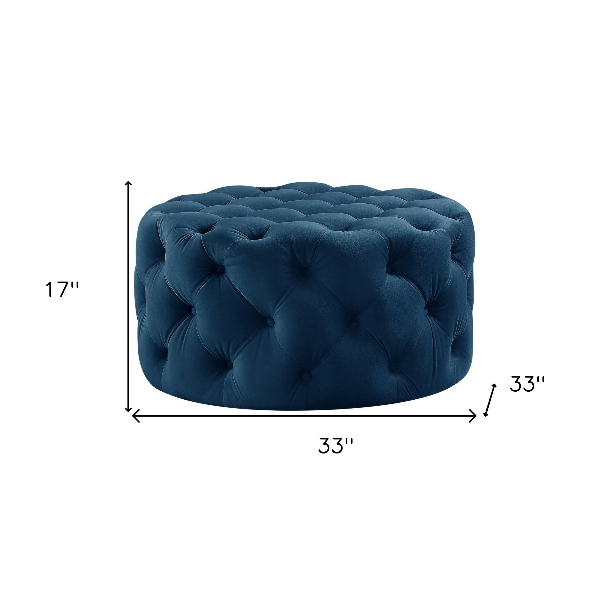 33" Navy Blue Velvet And Black Rolling Tufted Round Cocktail Ottoman