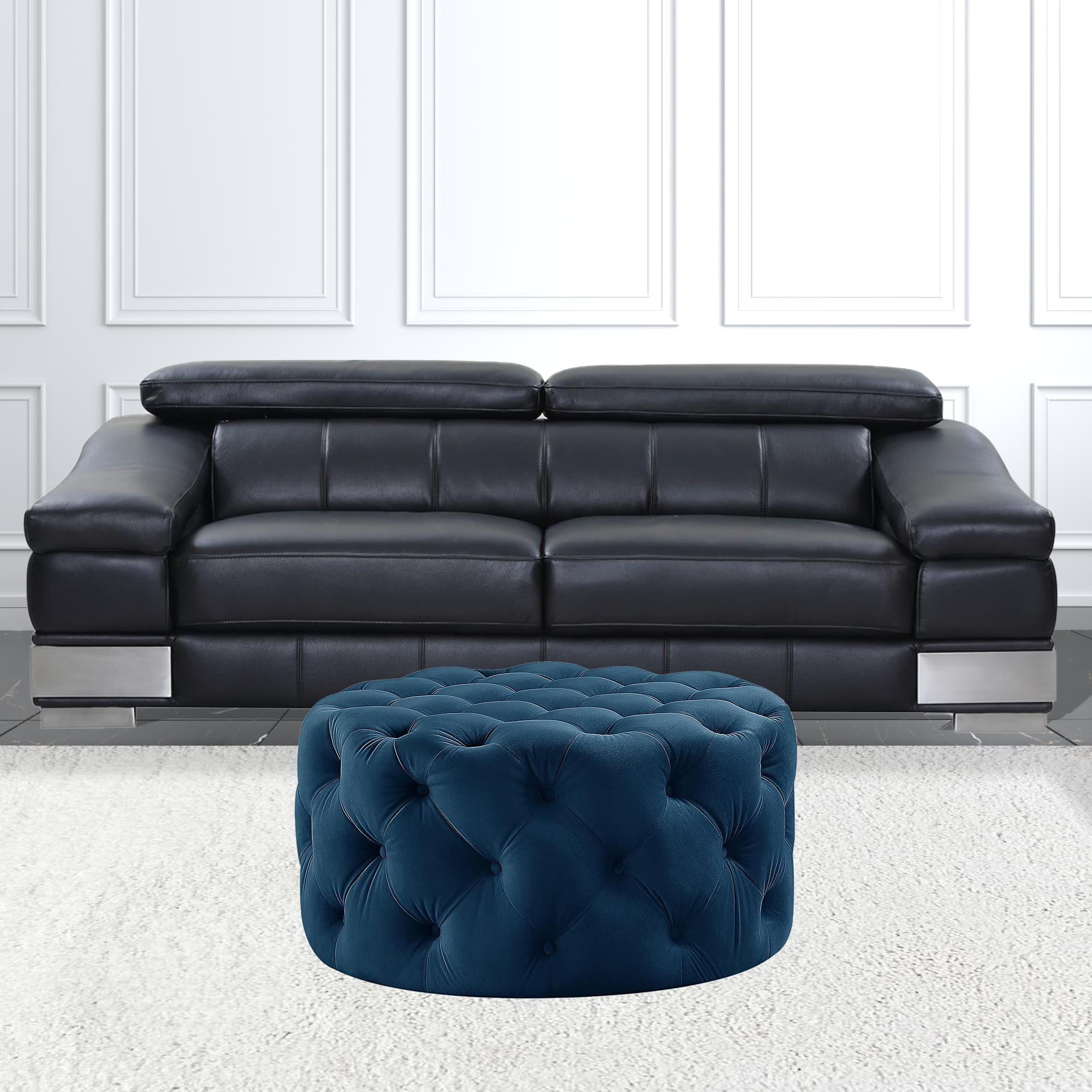 33" Navy Blue Velvet And Black Rolling Tufted Round Cocktail Ottoman