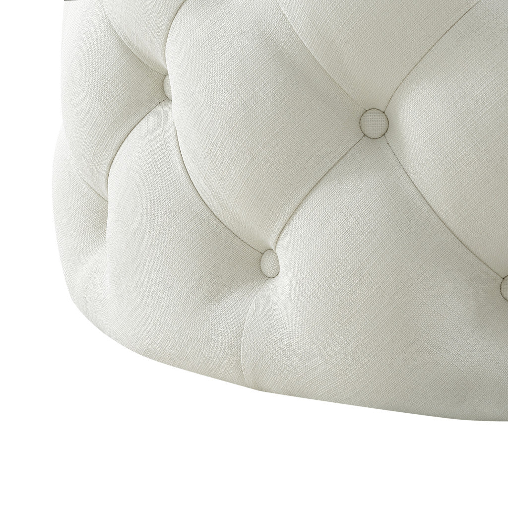 33" White Linen And Black Rolling Tufted Round Cocktail Ottoman