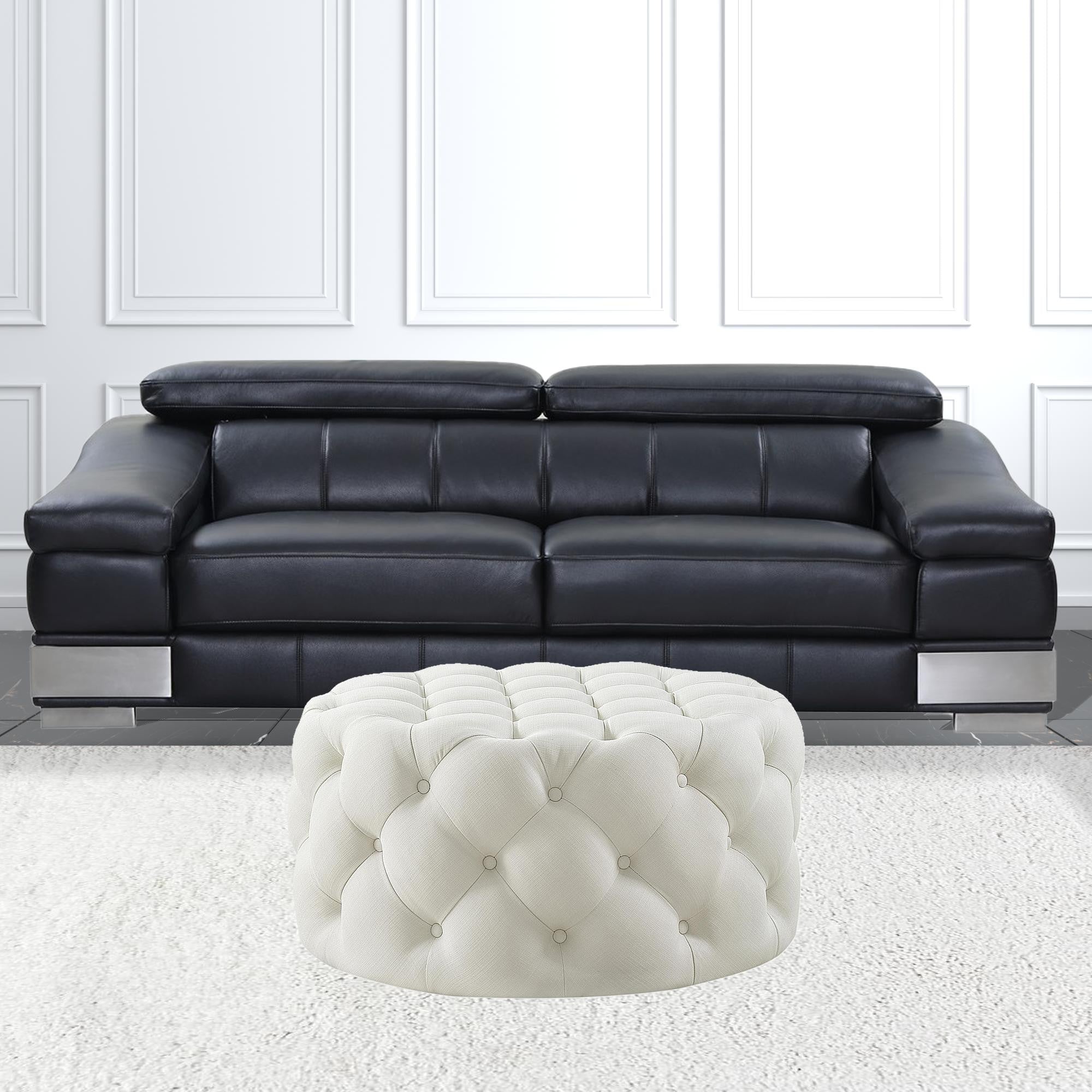 33" White Linen And Black Rolling Tufted Round Cocktail Ottoman