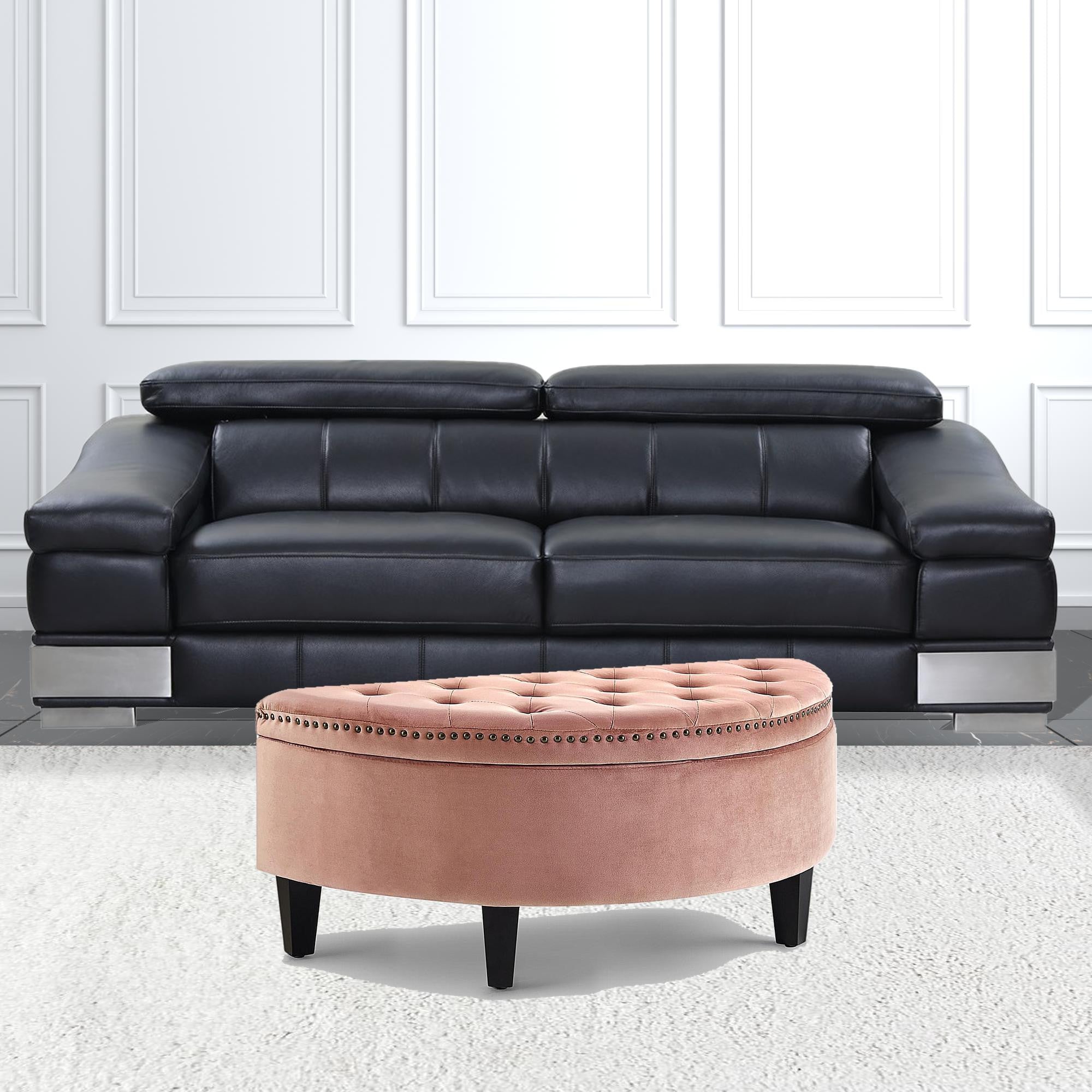 44" Blush Velvet And Black Tufted Half Circle Storage