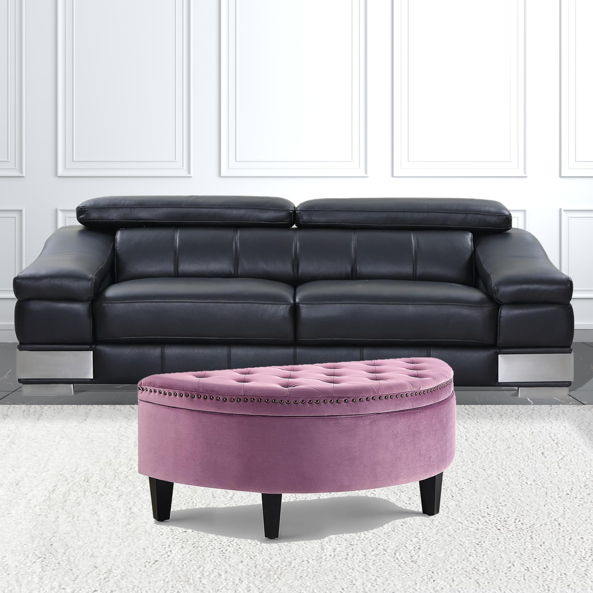 44" Mauve Velvet And Black Tufted Half Circle Storage