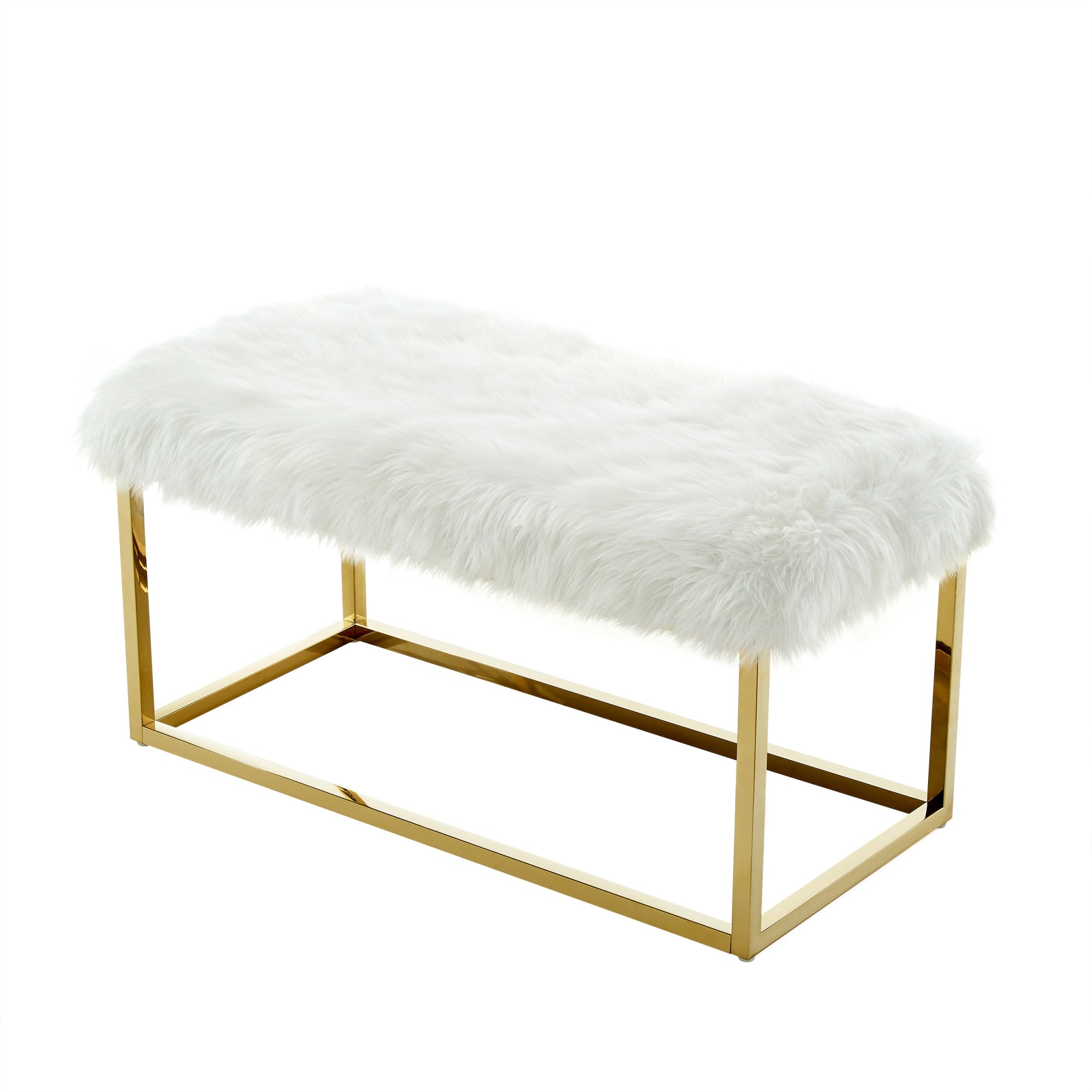 40" White And Gold Upholstered Faux Fur Bench