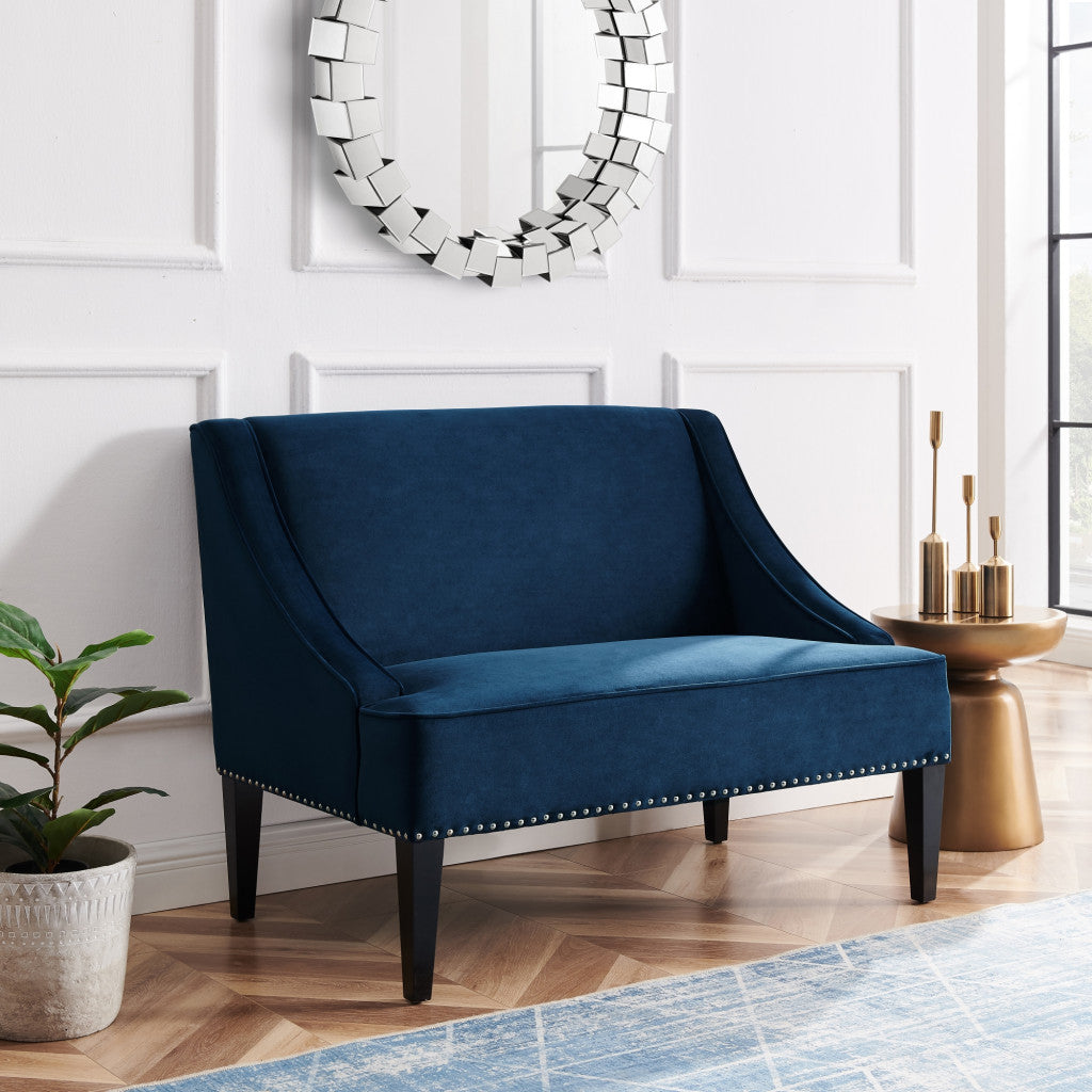 45" Navy Blue And Brown Upholstered Velvet Bench