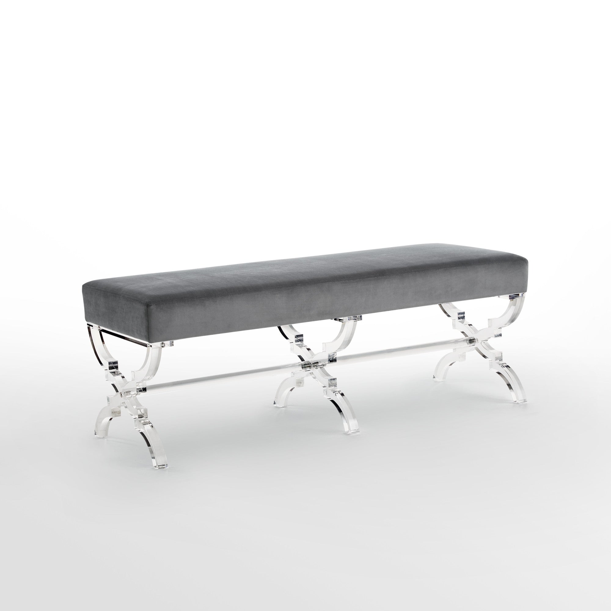 48" Gray And Clear Upholstered Velvet Bench