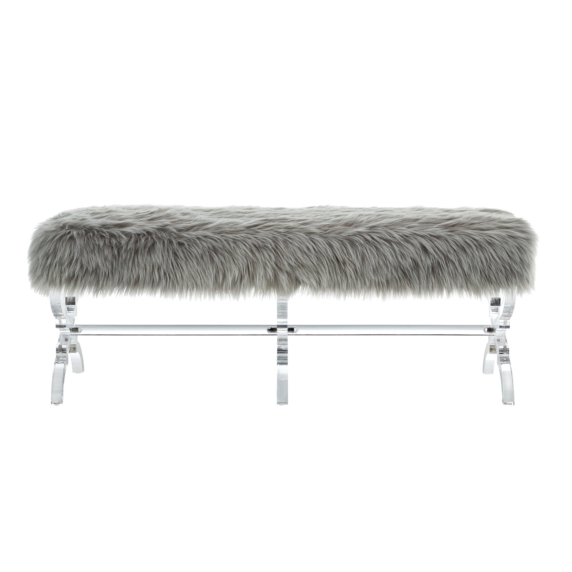 48" Gray And Clear Upholstered Faux Fur Bench