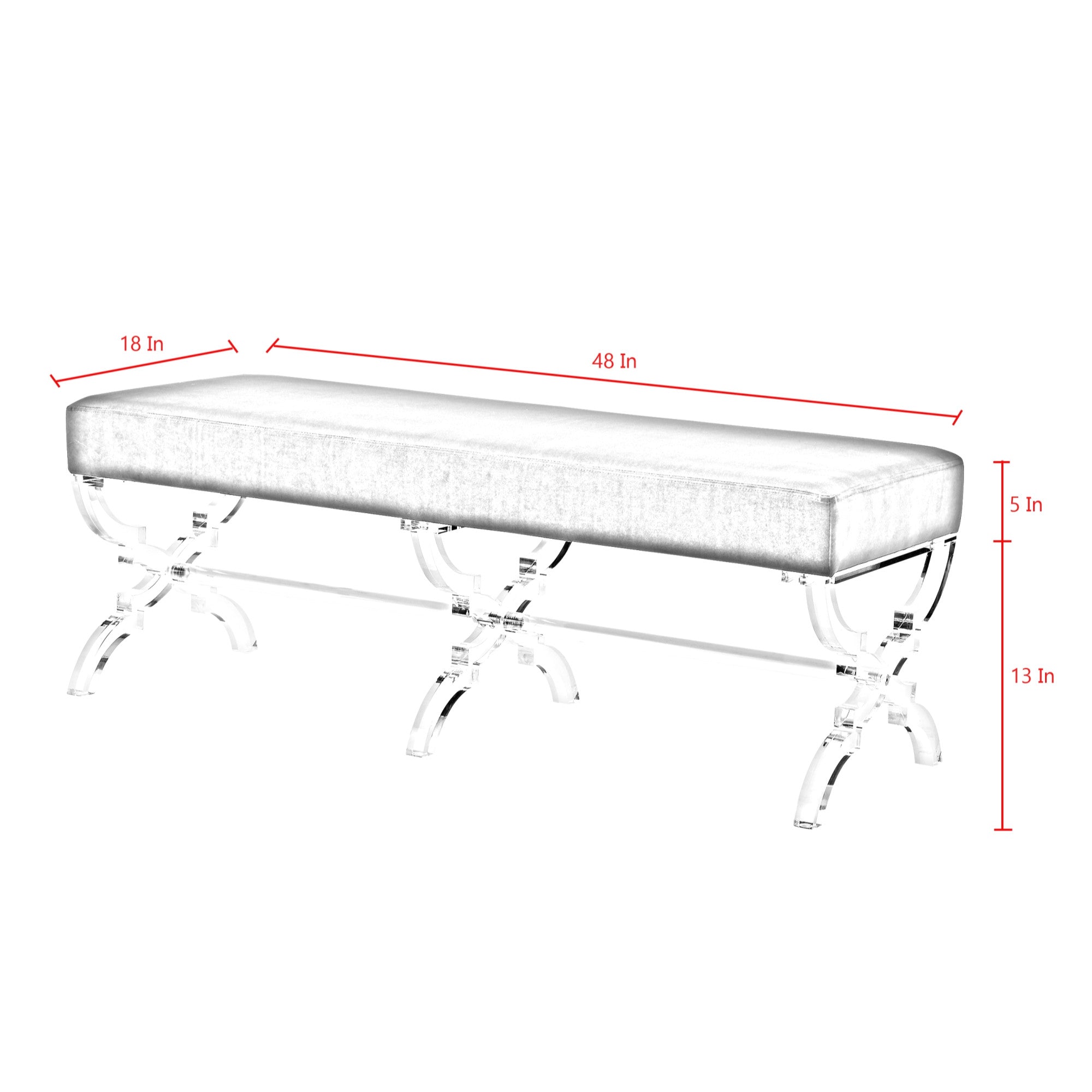 48" Gray And Clear Upholstered Faux Fur Bench