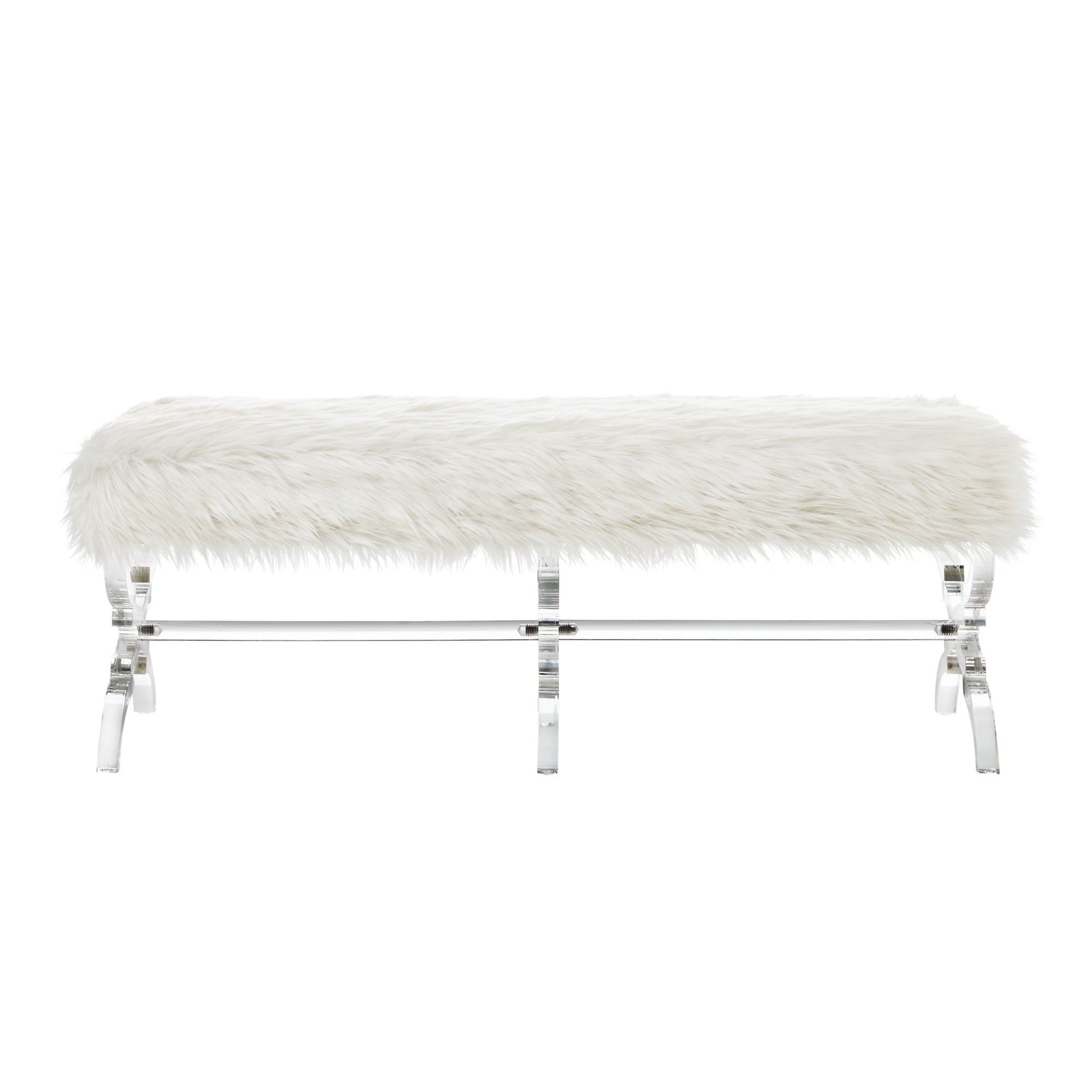 48" Cream And Clear Upholstered Faux Fur Bench