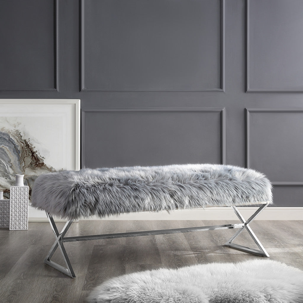 48" Gray And Silver Upholstered Faux Fur Bench