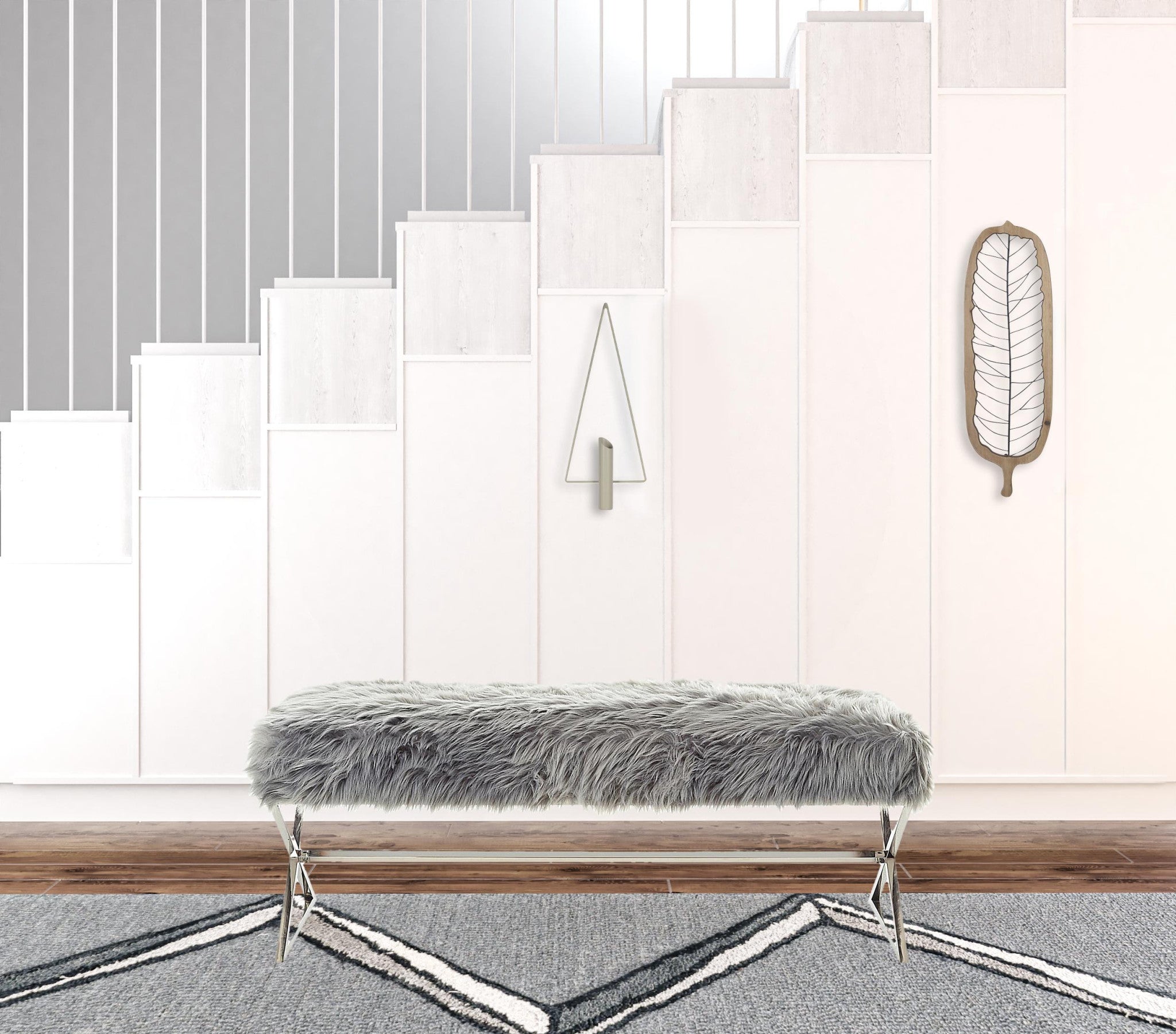 48" Gray And Silver Upholstered Faux Fur Bench