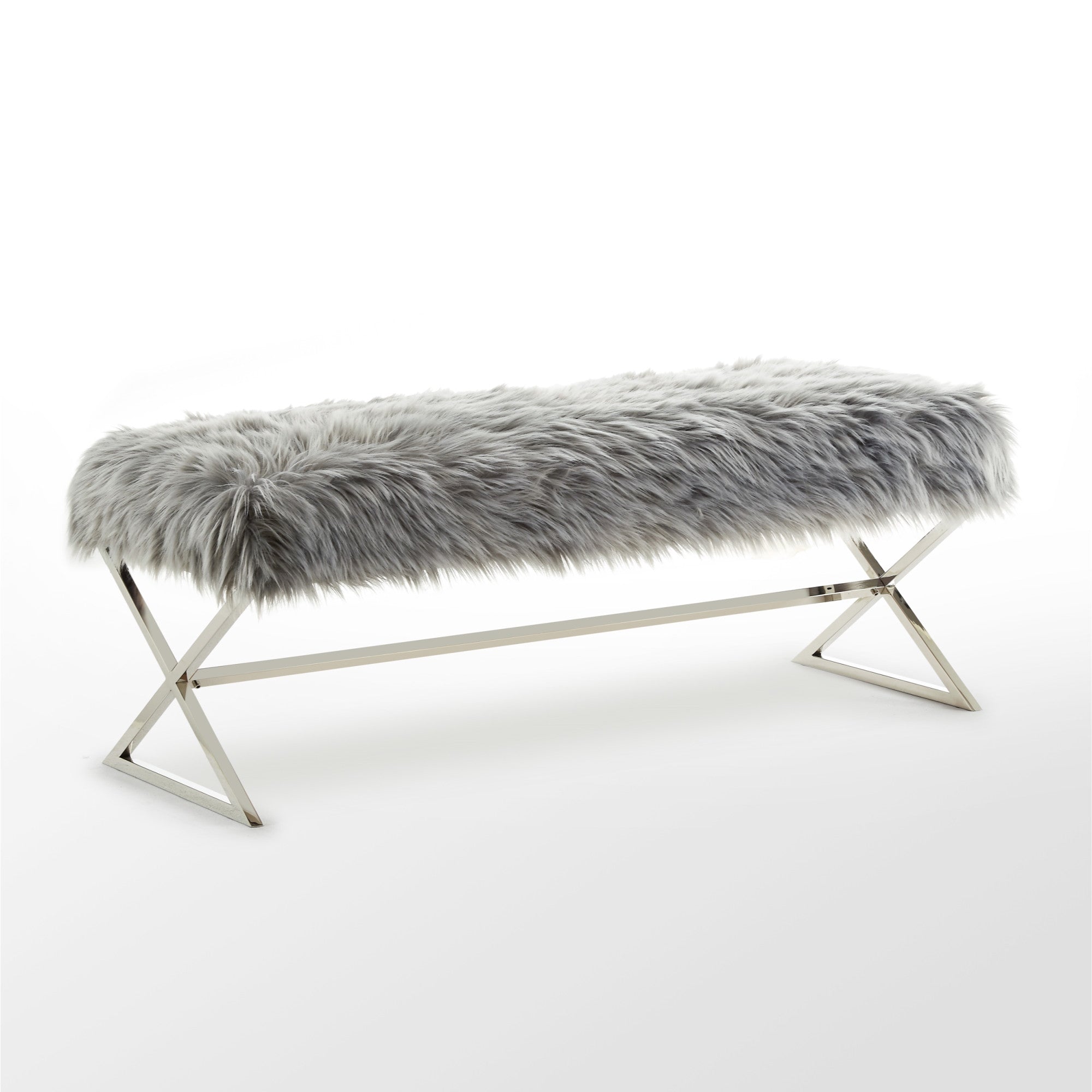 48" Gray And Silver Upholstered Faux Fur Bench