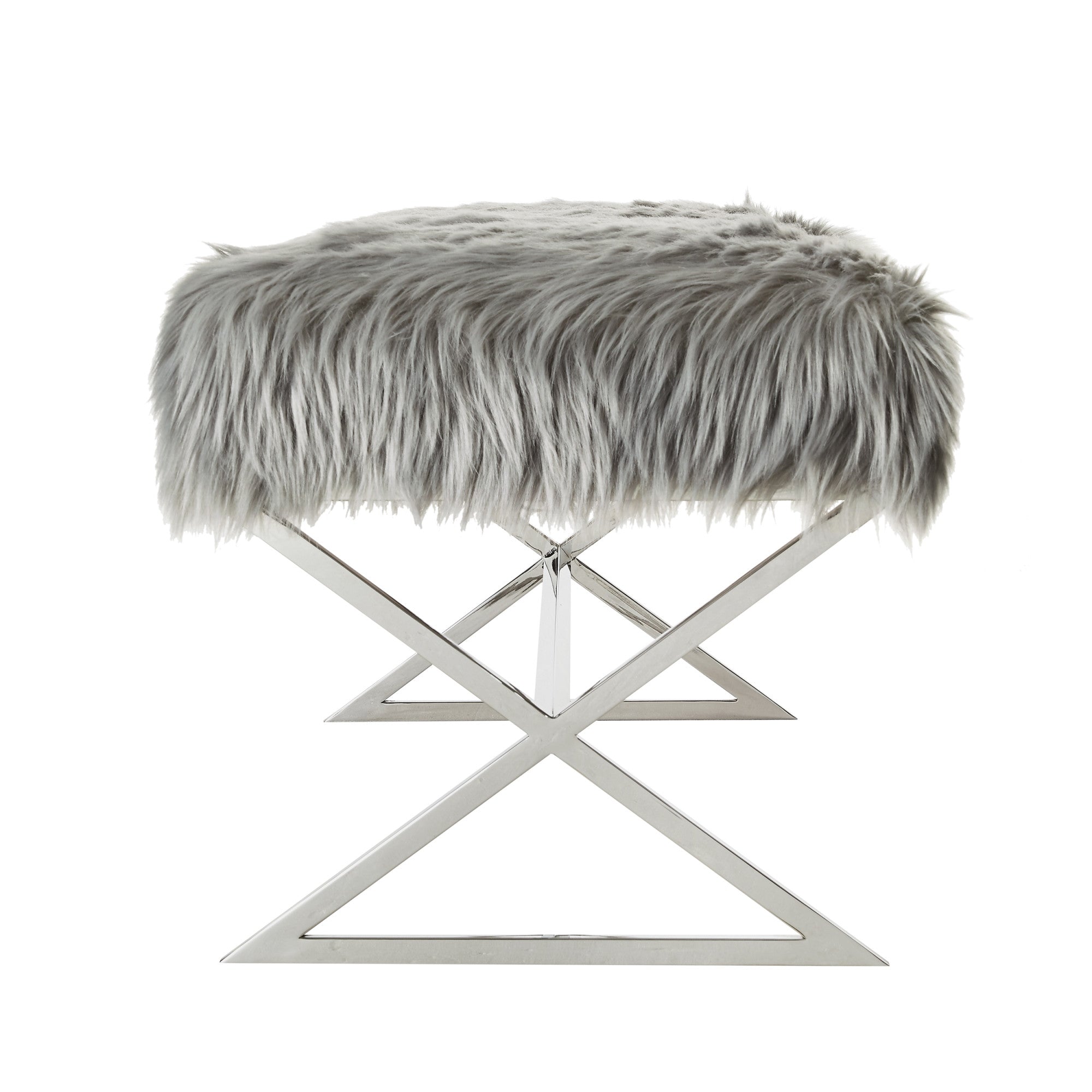 48" Gray And Silver Upholstered Faux Fur Bench