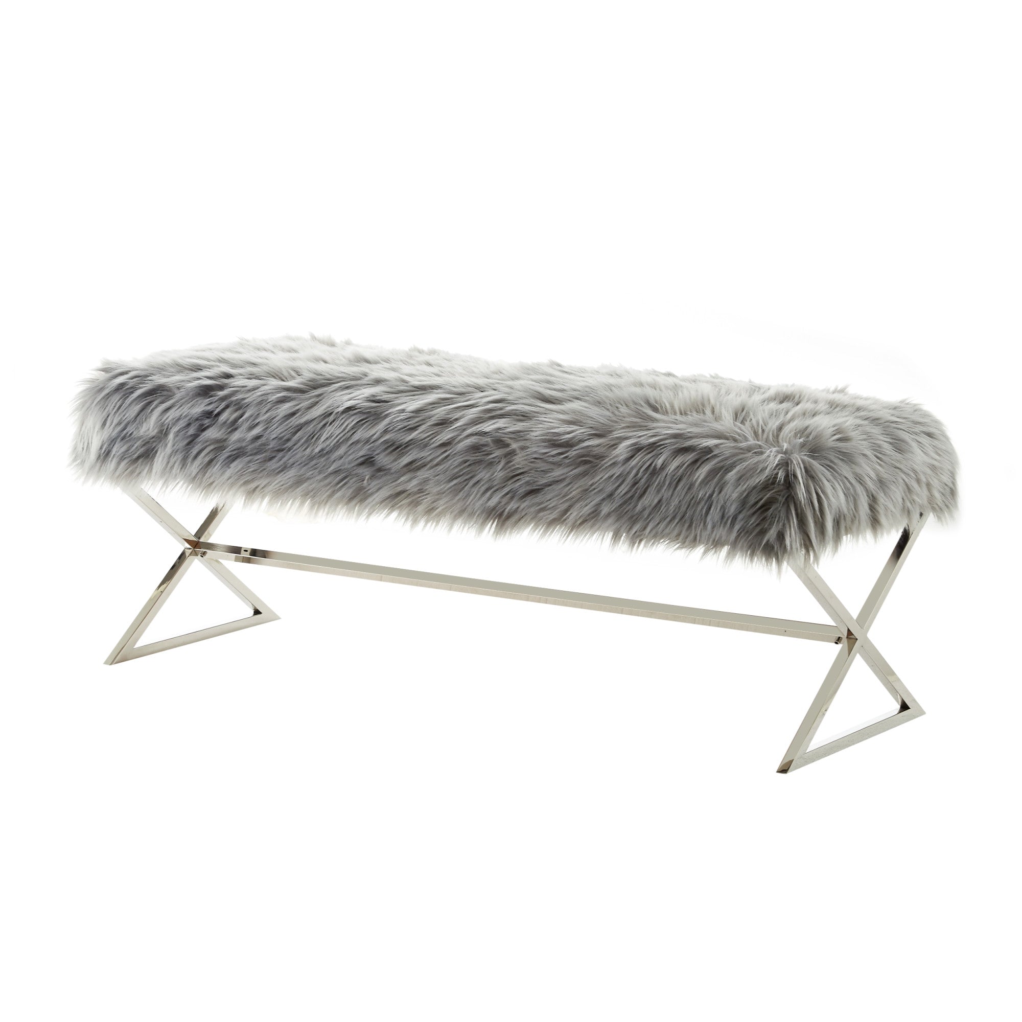 48" Gray And Silver Upholstered Faux Fur Bench