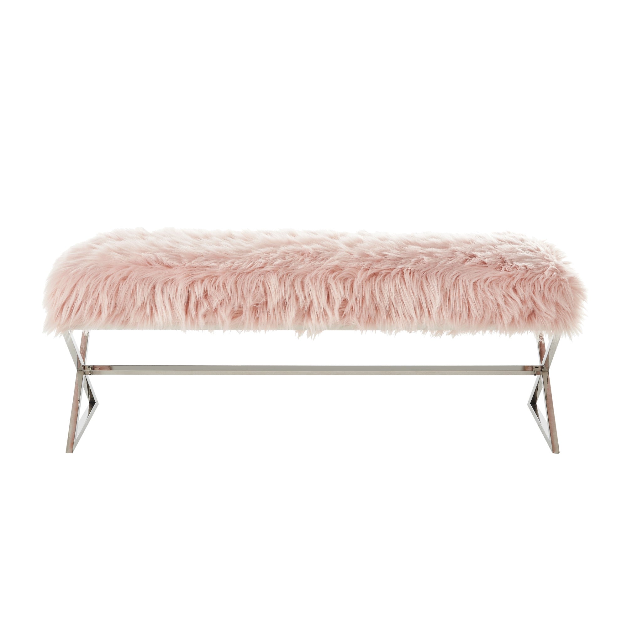 48" Rose And Silver Upholstered Faux Fur Bench