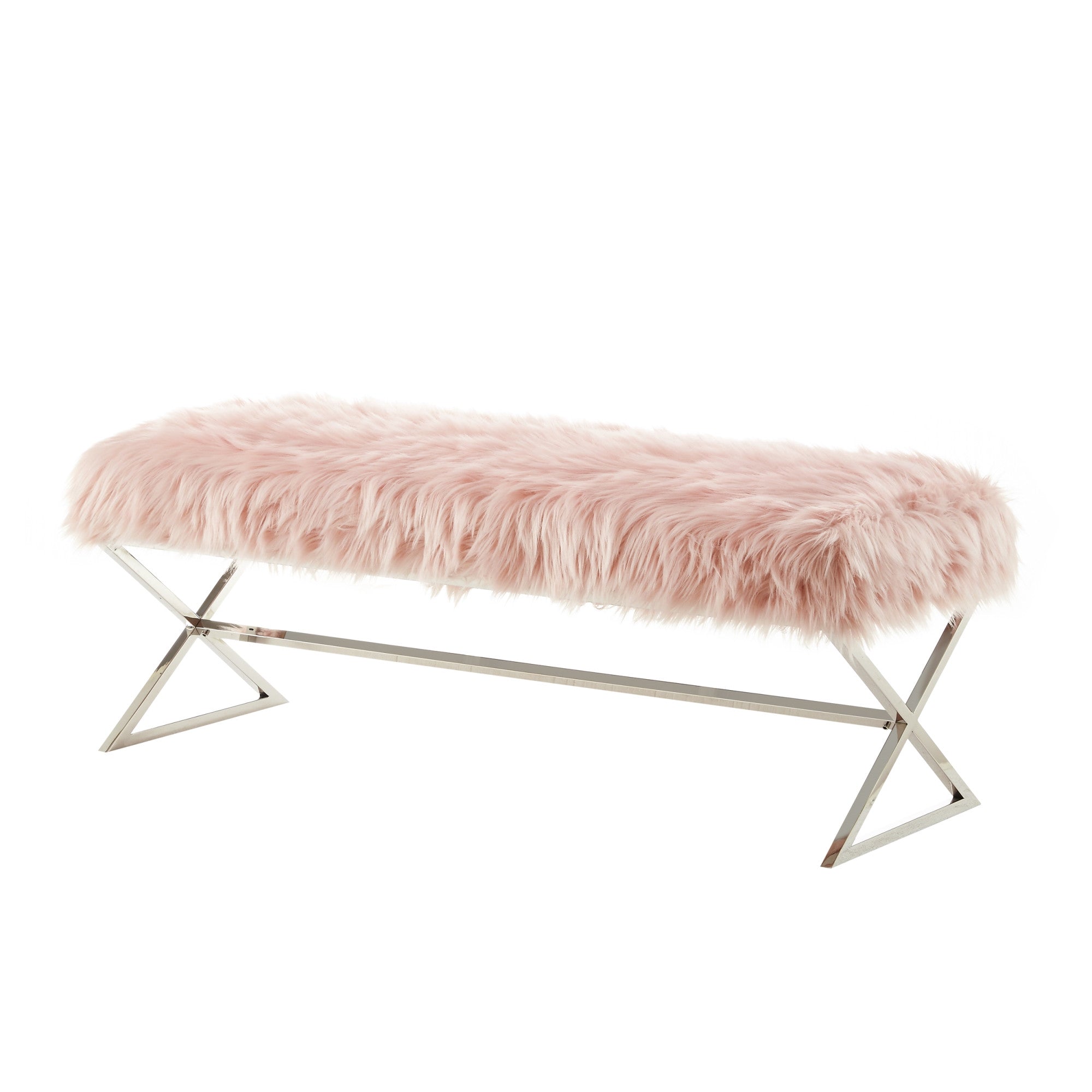 48" Rose And Silver Upholstered Faux Fur Bench