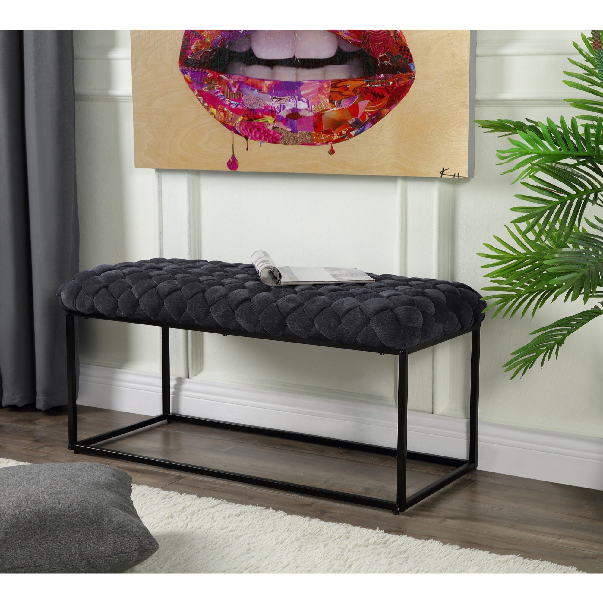 39" Black Upholstered Velvet Bench