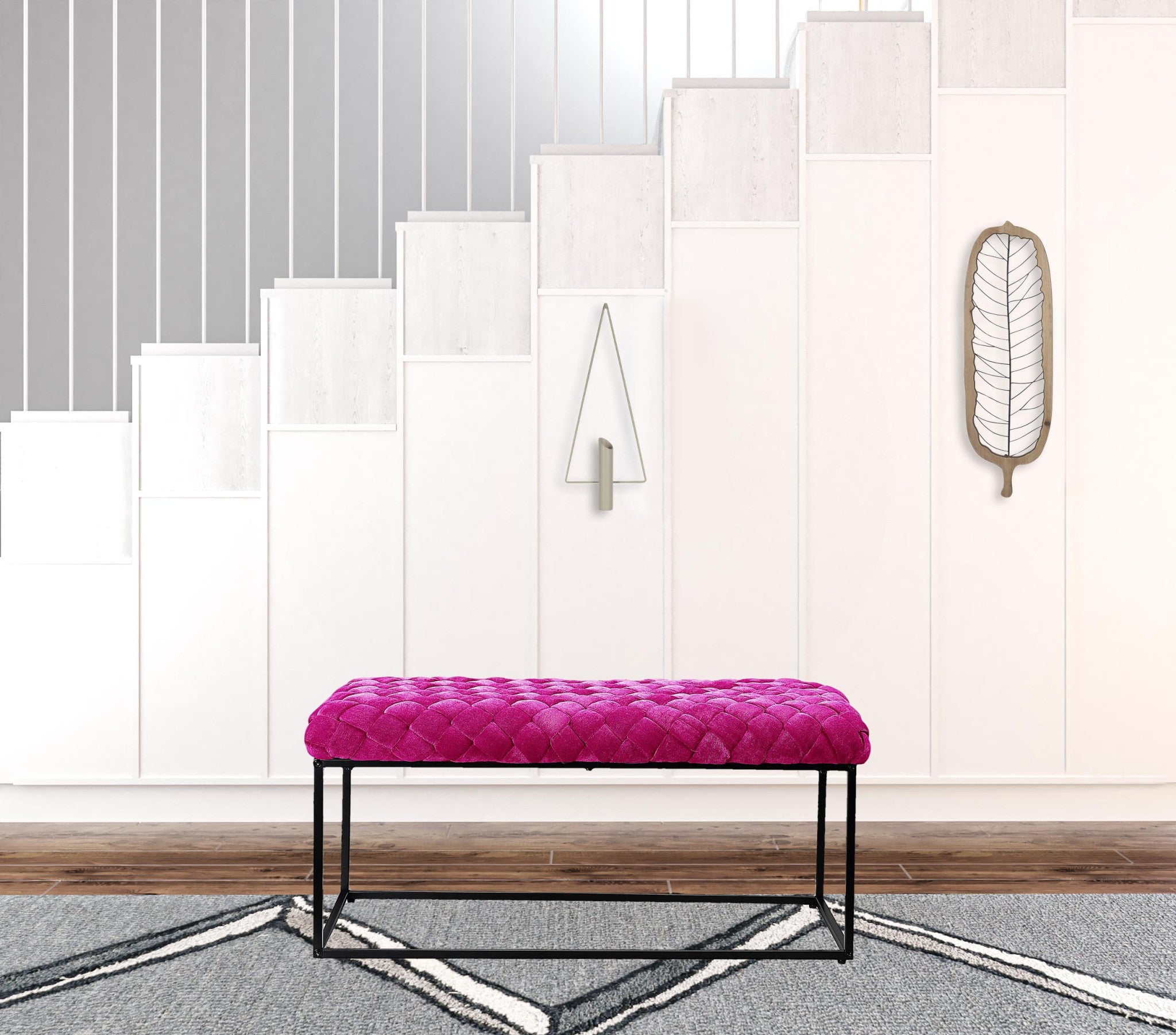 39" Fuchsia And Black Upholstered Velvet Bench