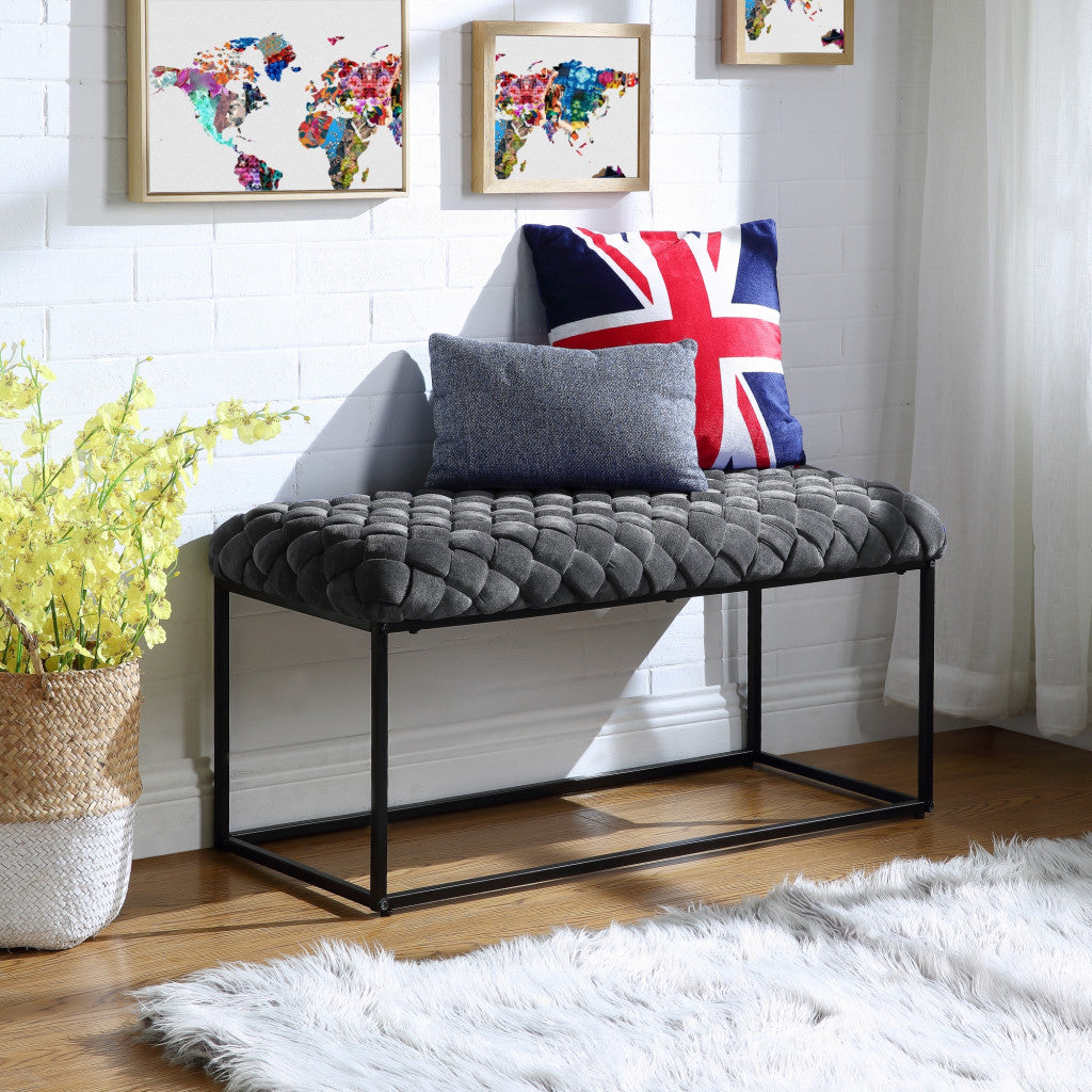 39" Gray And Black Upholstered Velvet Bench