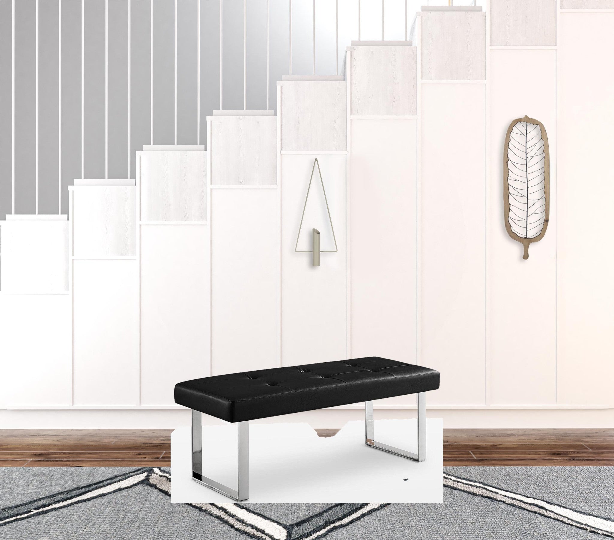 48" Black And Silver Upholstered Faux Leather Bench